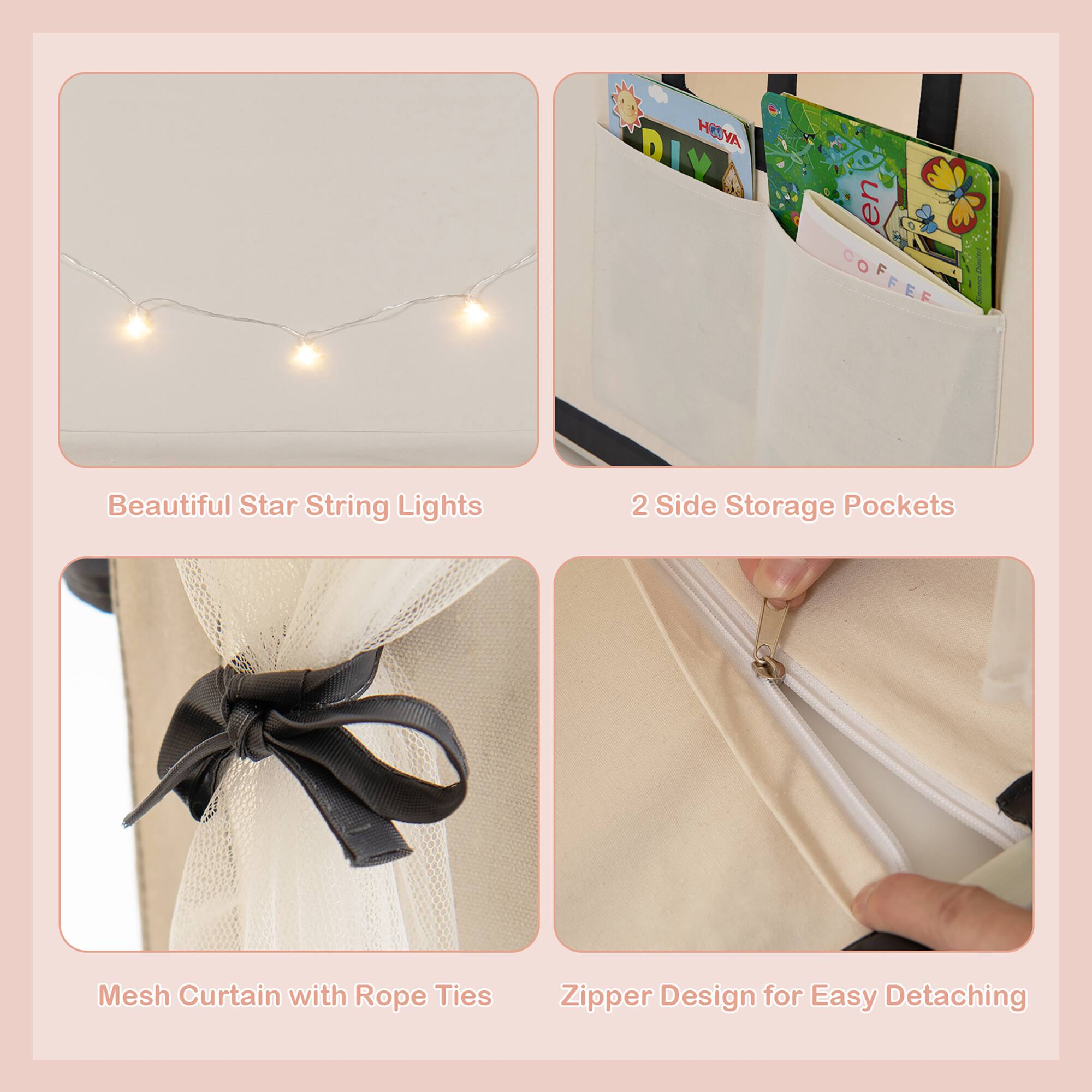 Beautiful Star String Lights, 2 Side Storage Pockets, Mesh Curtain with Rope Ties, Zipper Design for Easy Detaching