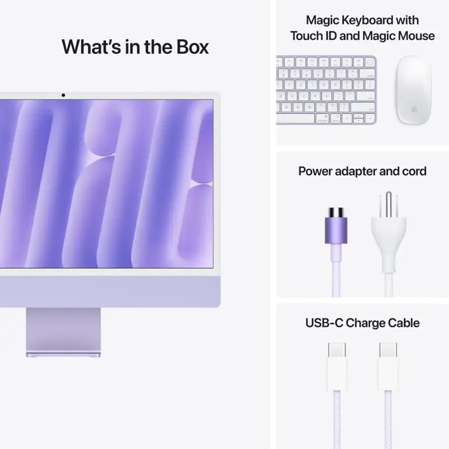 What's in the Box:
- Magic Keyboard with Touch ID and Magic Mouse
- Power adapter and cord
- USB-C Charge Cable