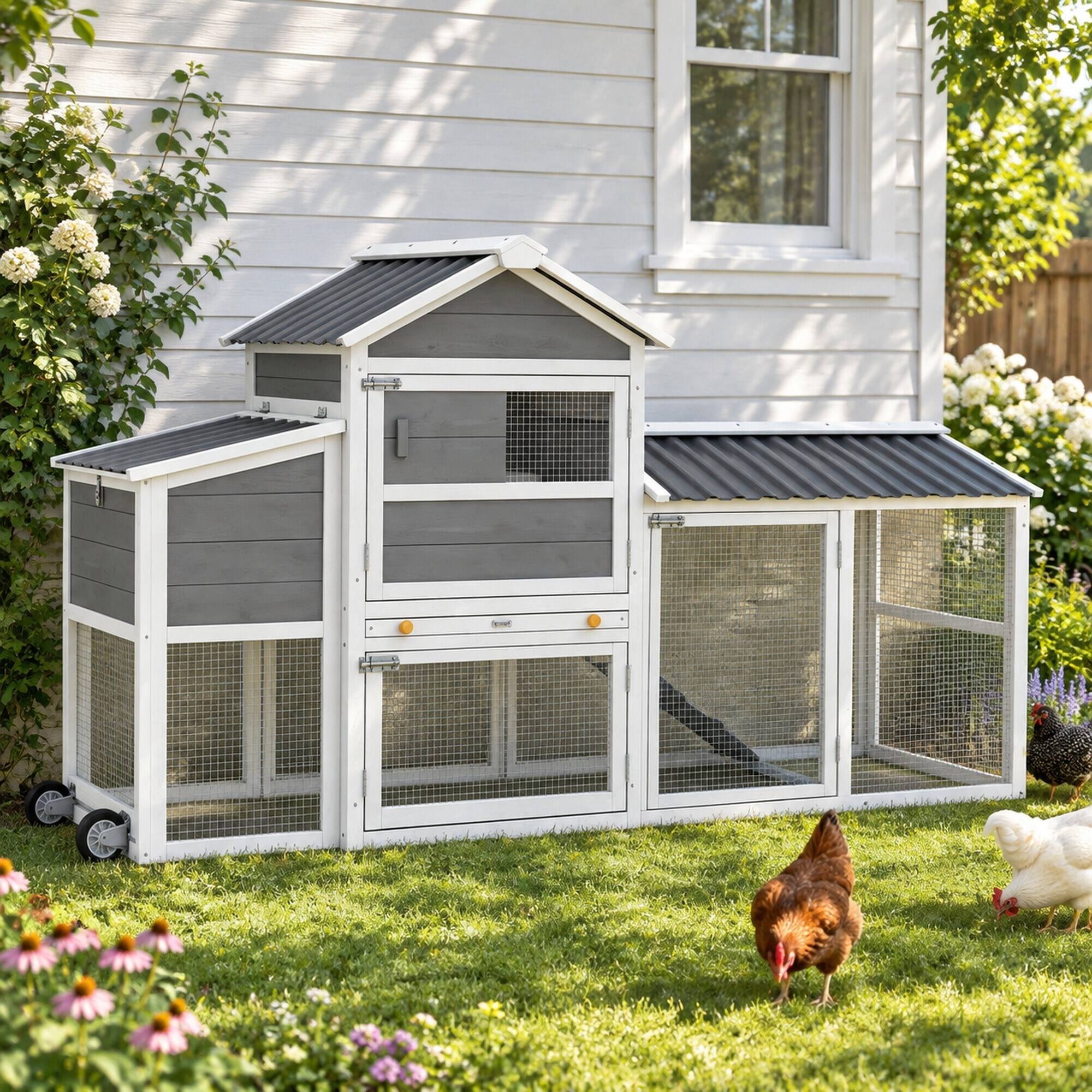 Alt View 1. RYHNUYNE - Wooden Chicken Coop with Wheels, 79.5 in Outdoor Hen House, 12.3 sq ft Run, Nesting Box, Pull-Out Tray, Gray.