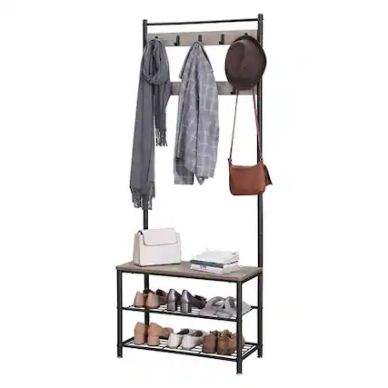 Front. SlickBlue - Modern Industrial Black and Grey Coat Rack Shoe Bench with 2 Storage Shelves - Greige, Black.