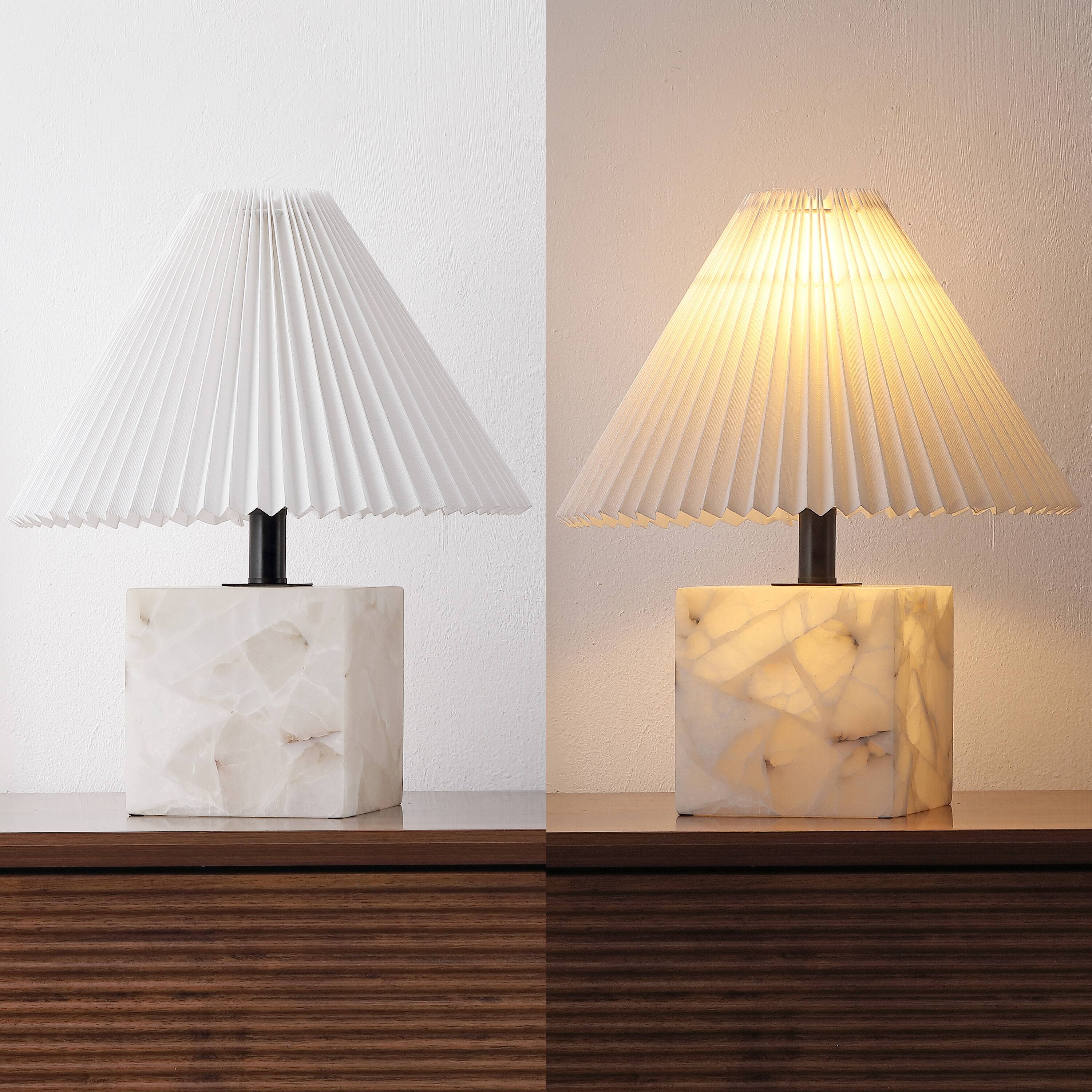 Alt View 6. Jonathan Y - Hermin 16.5 in. Geometric Sculptural Alabaster Cube Metal LED Table Lamp with Nightlight Base and Pleated Shade, White - White.