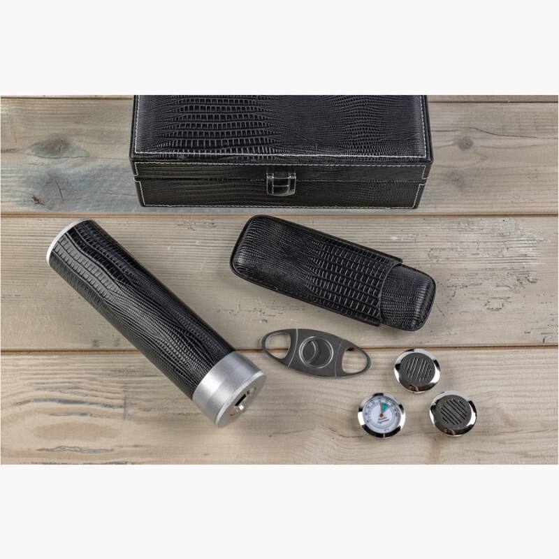 Left. Prestige - THE GatorBack Black Cigar Humidor Gift Set - Black Gator Skin Design Leather .