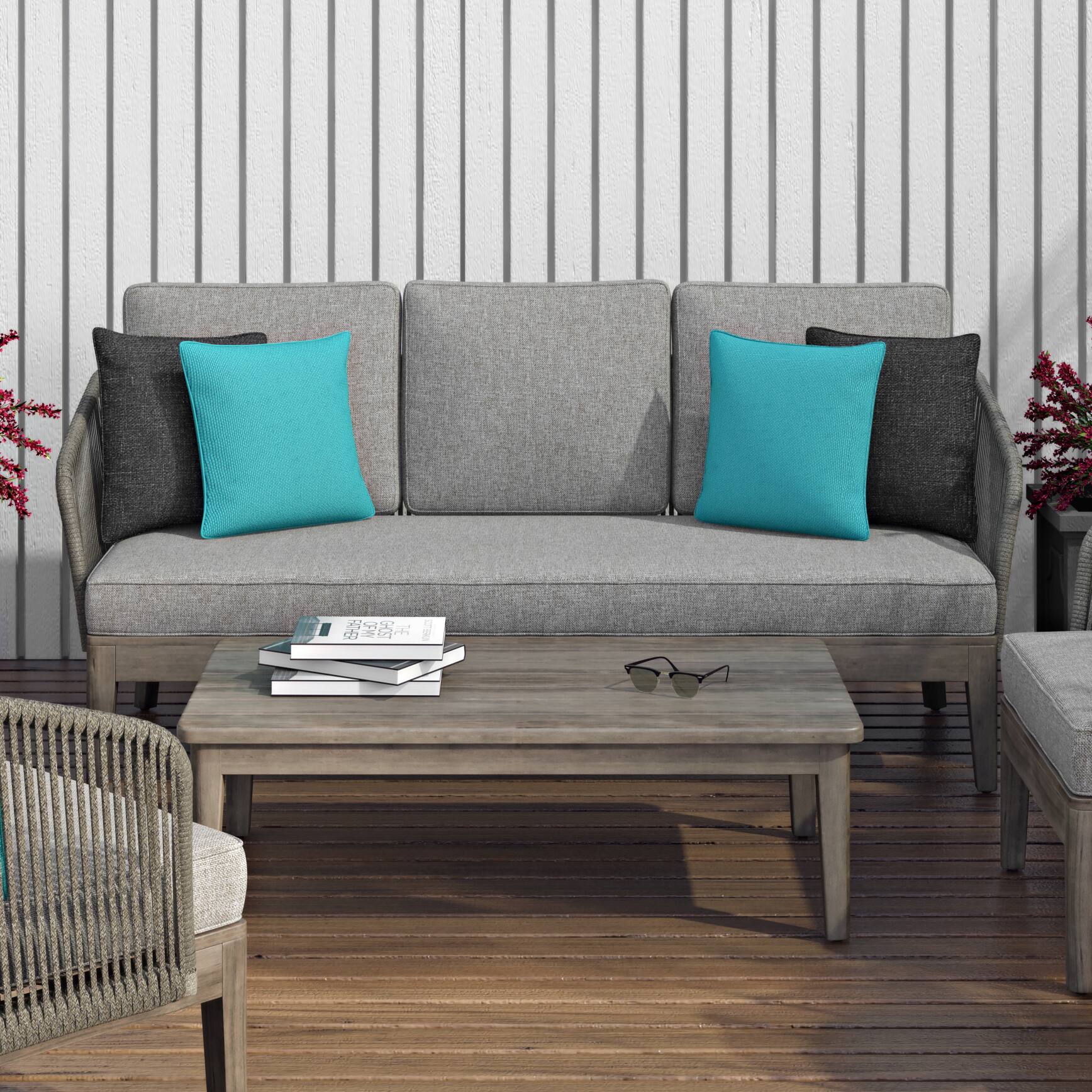 Angle. Simpli Home - Carmel 75 inch Wide Contemporary Outdoor Sofa in Polyester Fabric - Sand Drift.