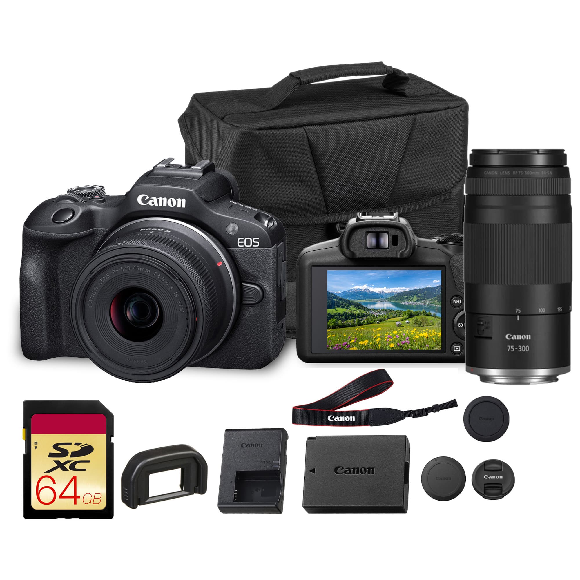 Canon - EOS R100 Mirrorless Camera with 18-45mm and 75-300mm Lens + Bag + Card price history on PriceWatchPro