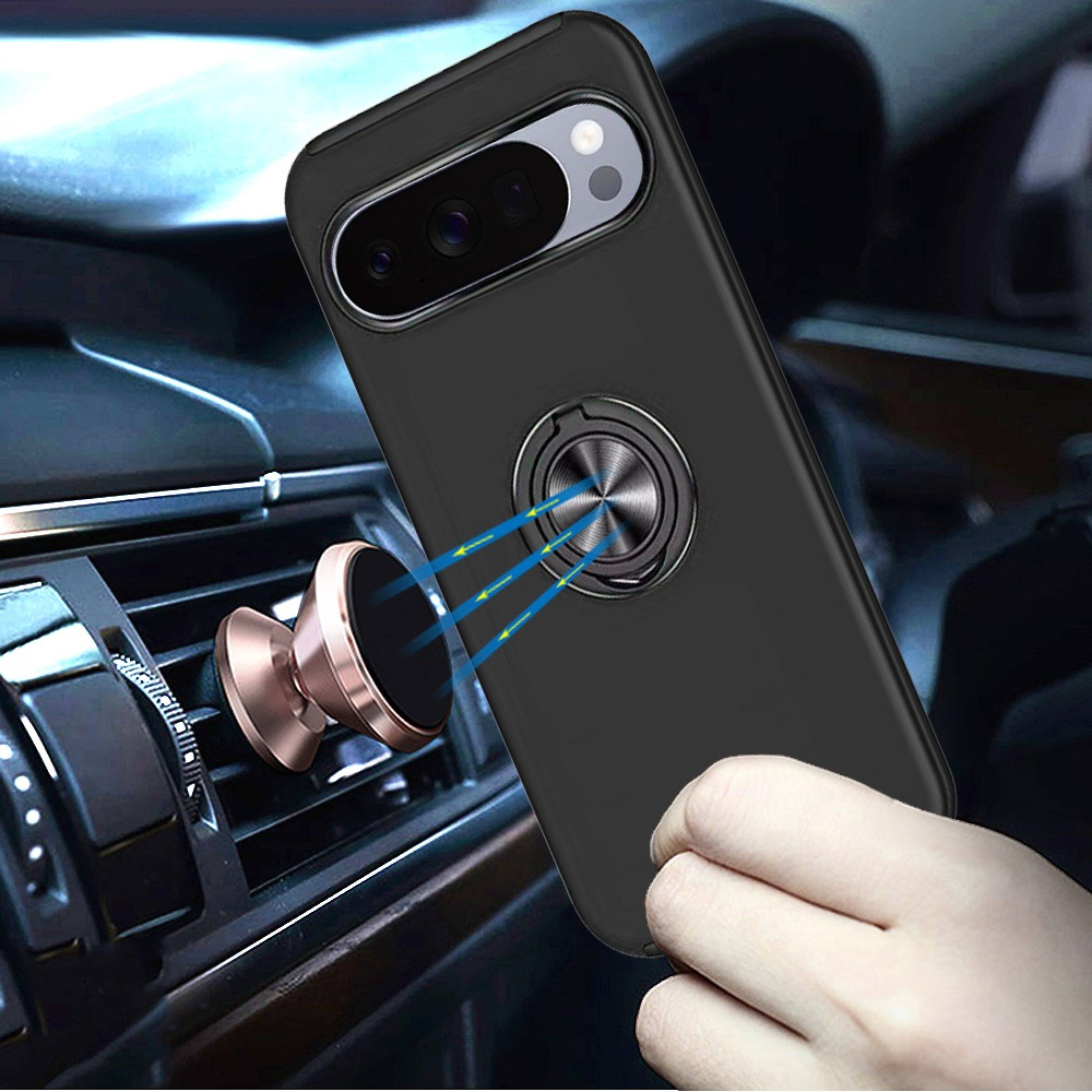 Left. Kitcheniva - Rubber 2 Layer Metal Ringstand Case Plus Tempered Glass For Google Pixel 11 Pro Xl Black - Black.