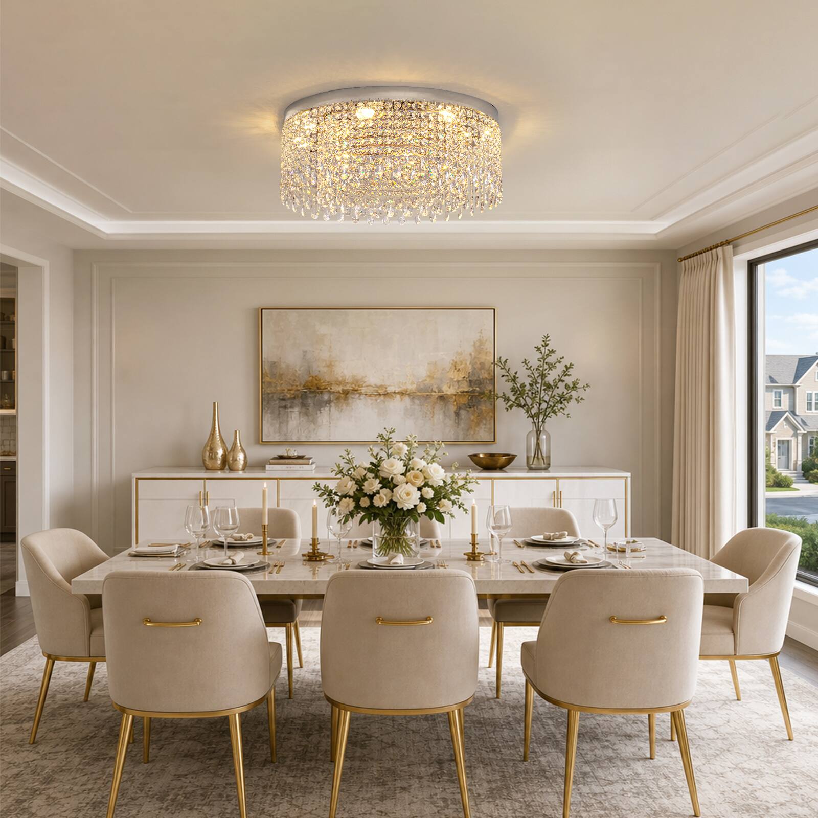 Alt View 2. Siljoy - 24 Inch Round Gold Flush Mount Crystal Ceiling Light, Luxury Raindrop Crystal Chandelier for Living Room Bedroom - Gold.