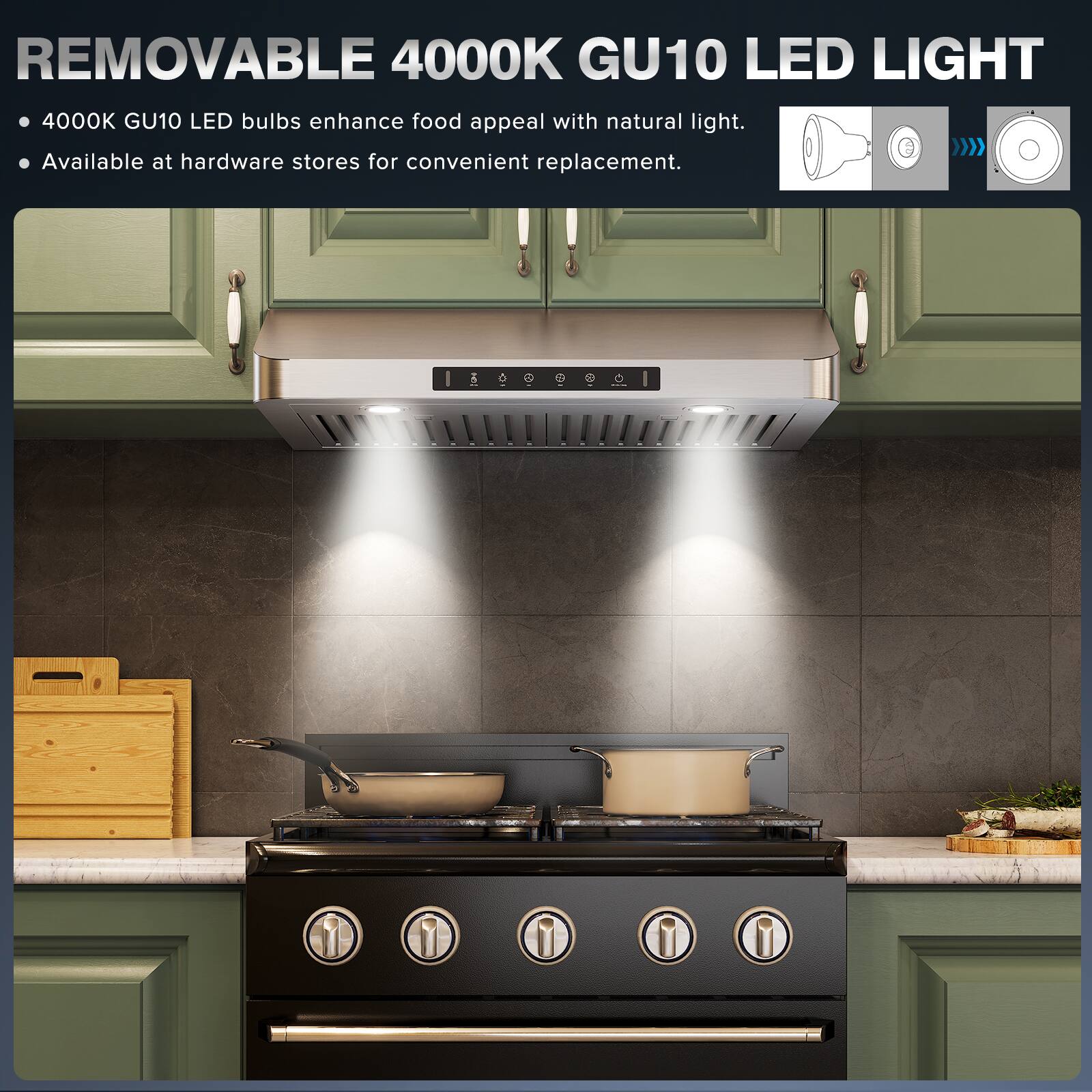 REMOVABLE 4000K GU10 LED LIGHT
4000K GU10 LED bulbs enhance food appeal with natural light.
Available at hardware stores for convenient replacement.