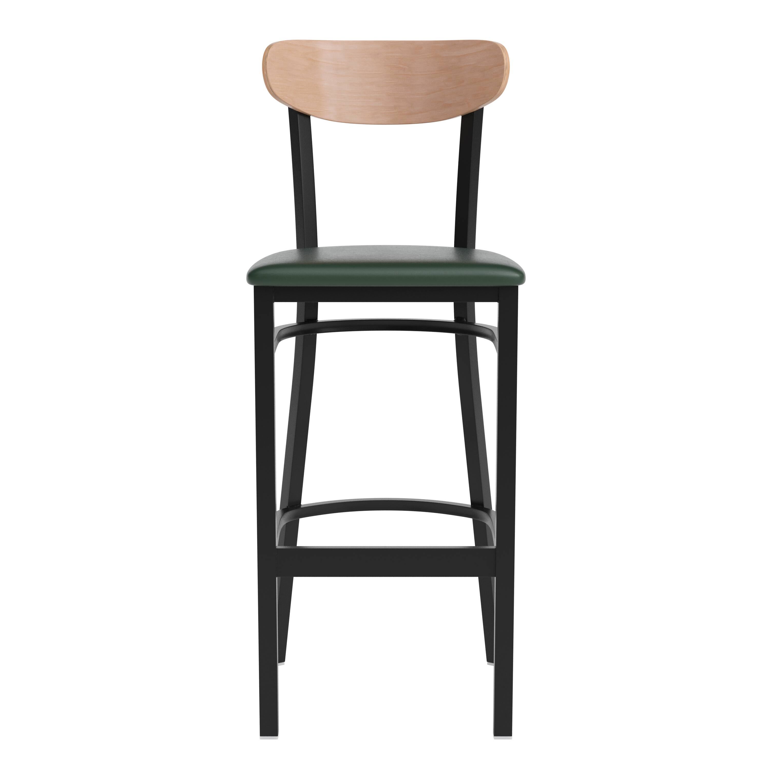 Alt View 10. Emma + Oliver - Yara Industrial Barstool with Rolled Steel Frame and Solid Wood Seat - 500 lbs. Static Weight Capacity - Natural Birch Wood Back/Green Vinyl Seat.