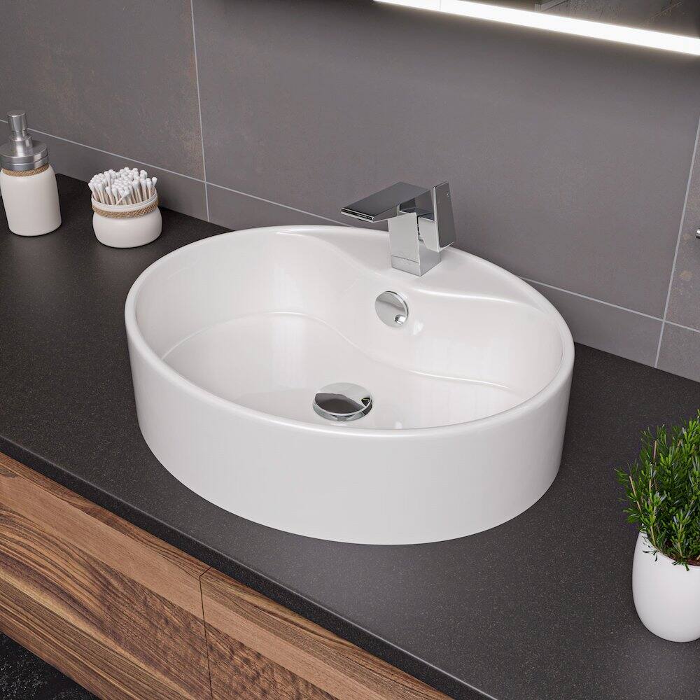 Angle. Alfi - White 22" Oval Above Mount Ceramic Sink with Faucet Hole - White.