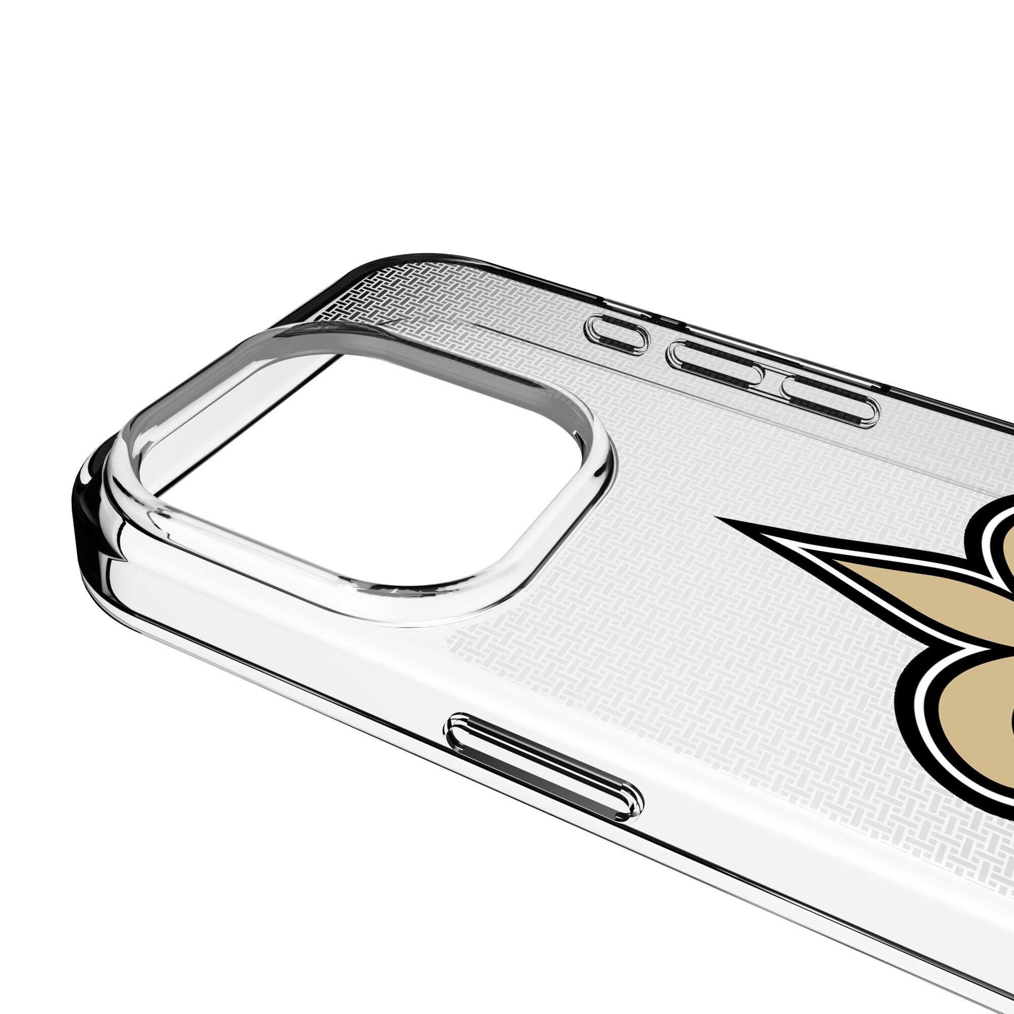 Alt View 2. Keyscaper - New Orleans Saints Linen Logo iPhone Clear Case - 14 Pro Max - Multicolor.