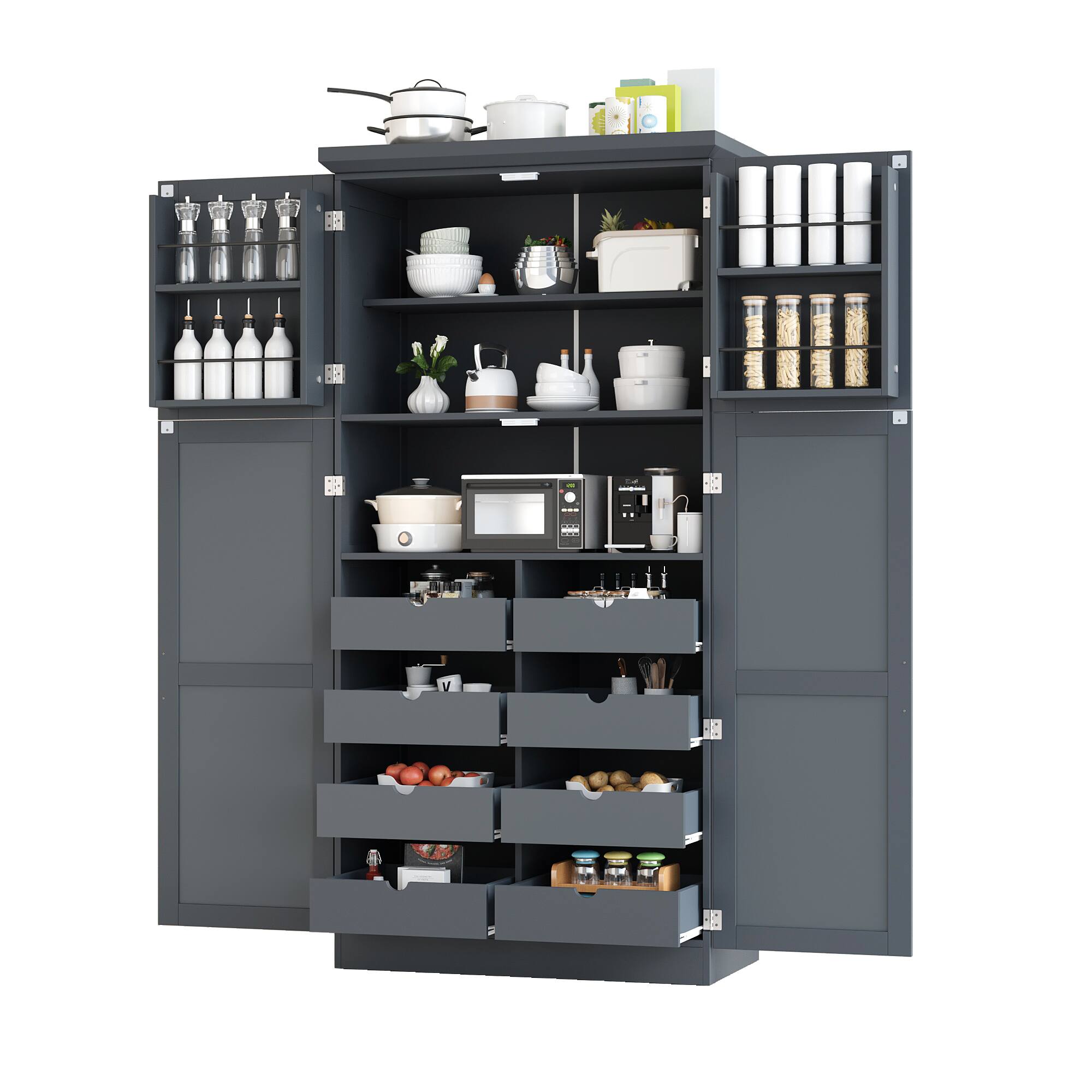 Alt View 3. Forest'nSky - 70.9" Freestanding Pantry Cabinet, 35.5" Wide with 8 Pull-Out Trays & Door Shelves for Dining Room, Gray - Gray.