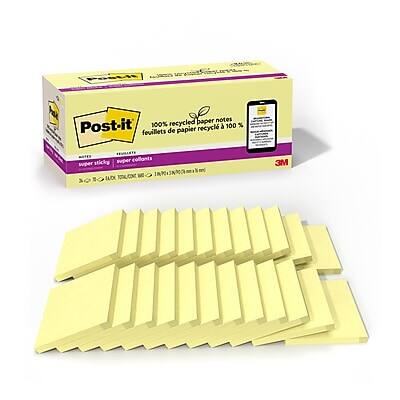 Post-it  
100% recycled paper notes  
100% feuillets de papier recyclé  
super sticky  
super collants  
3M