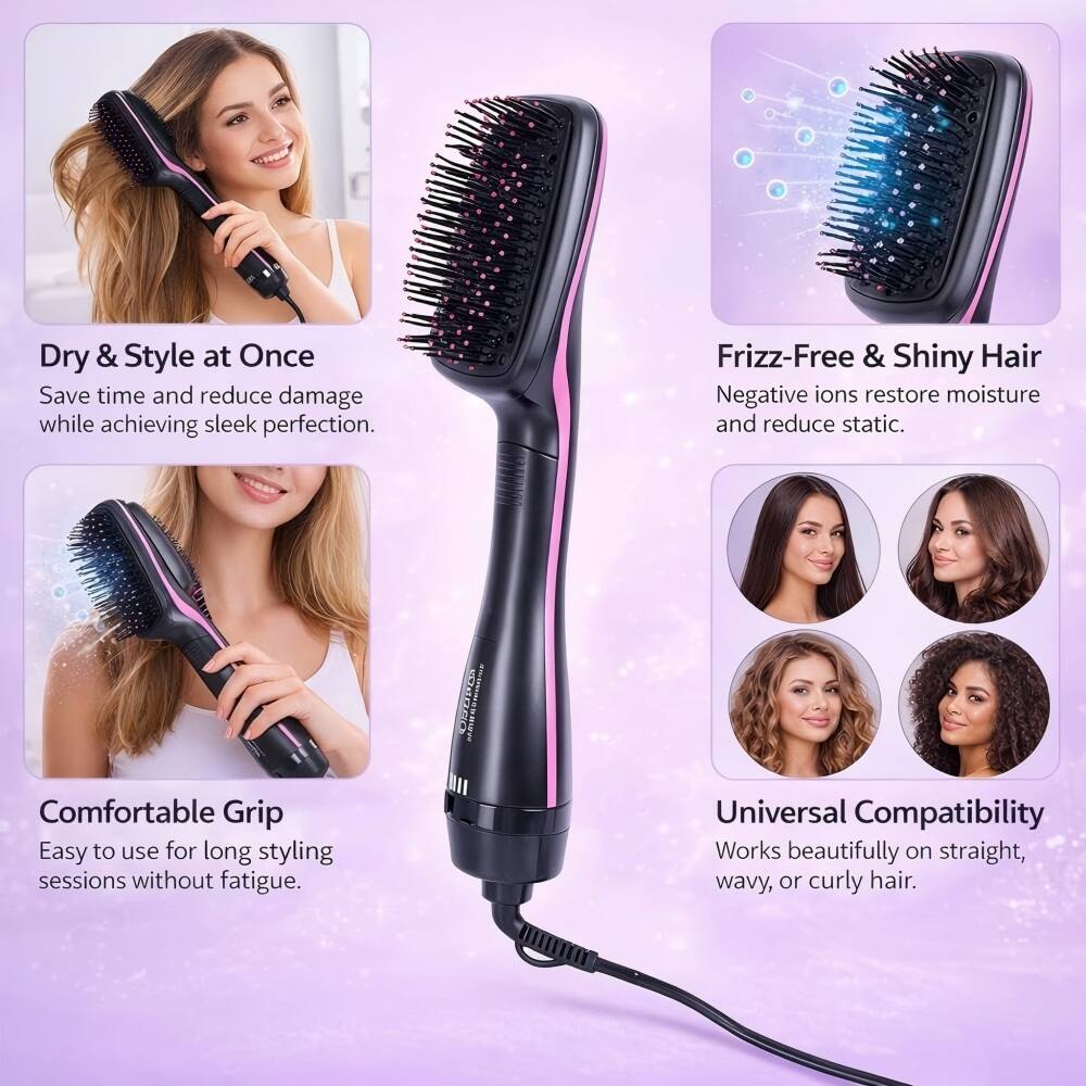Dry & Style at Once  
Save time and reduce damage while achieving sleek perfection.  

Frizz-Free & Shiny Hair  
Negative ions restore moisture and reduce static.  

Comfortable Grip  
Easy to use for long styling sessions without fatigue.  

Universal Compatibility  
Works beautifully on straight, wavy, or curly hair.