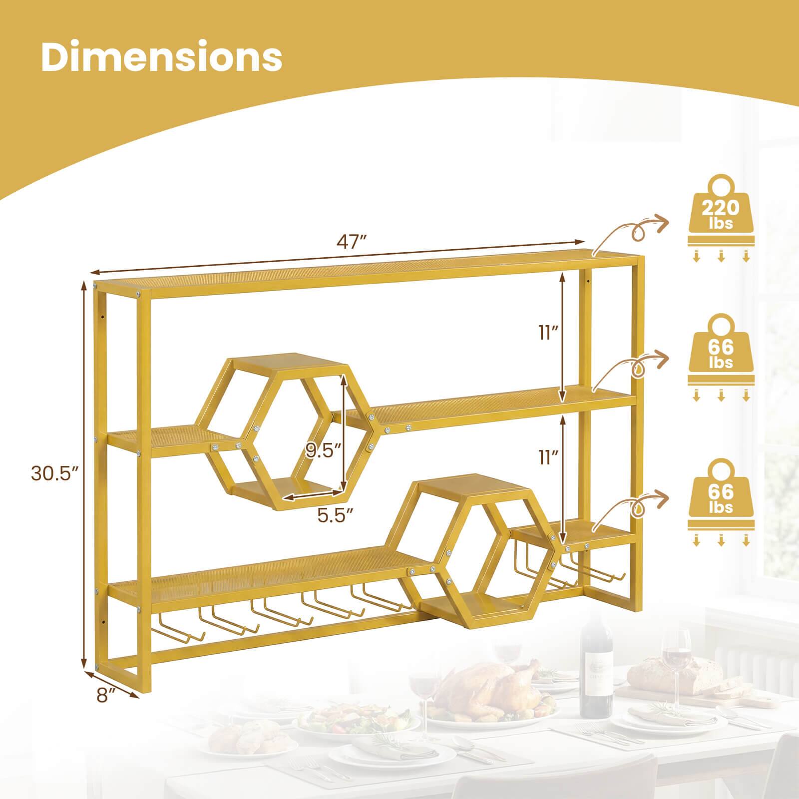 Dimensions: 47" x 11" x 30.5" x 9.5" x 5.5" x 11" x 8"  
Weight Capacity: 220 lbs (top shelf), 66 lbs (middle shelf), 66 lbs (bottom shelf)