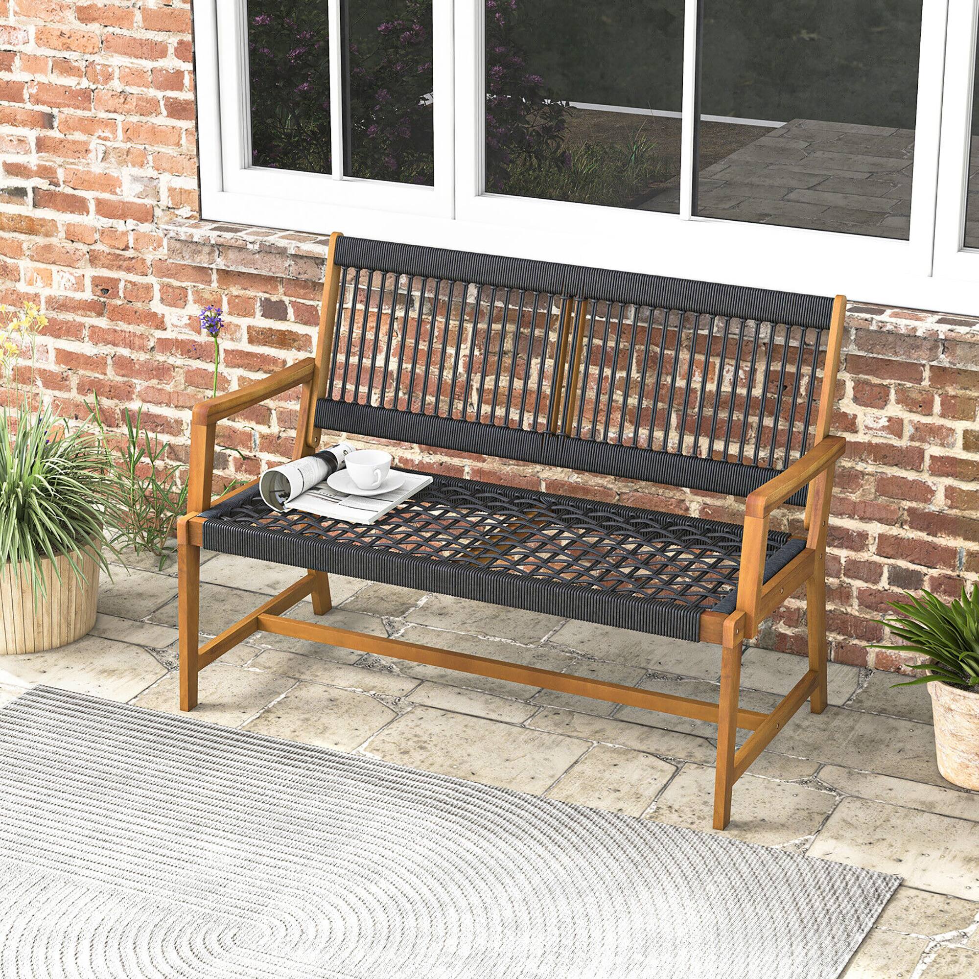 Alt View 1. Gymax - Gymax Patio 2-Person Acacia Wood Bench All-Weather Rope Woven Outdoor Garden Natural - Black, Natural.