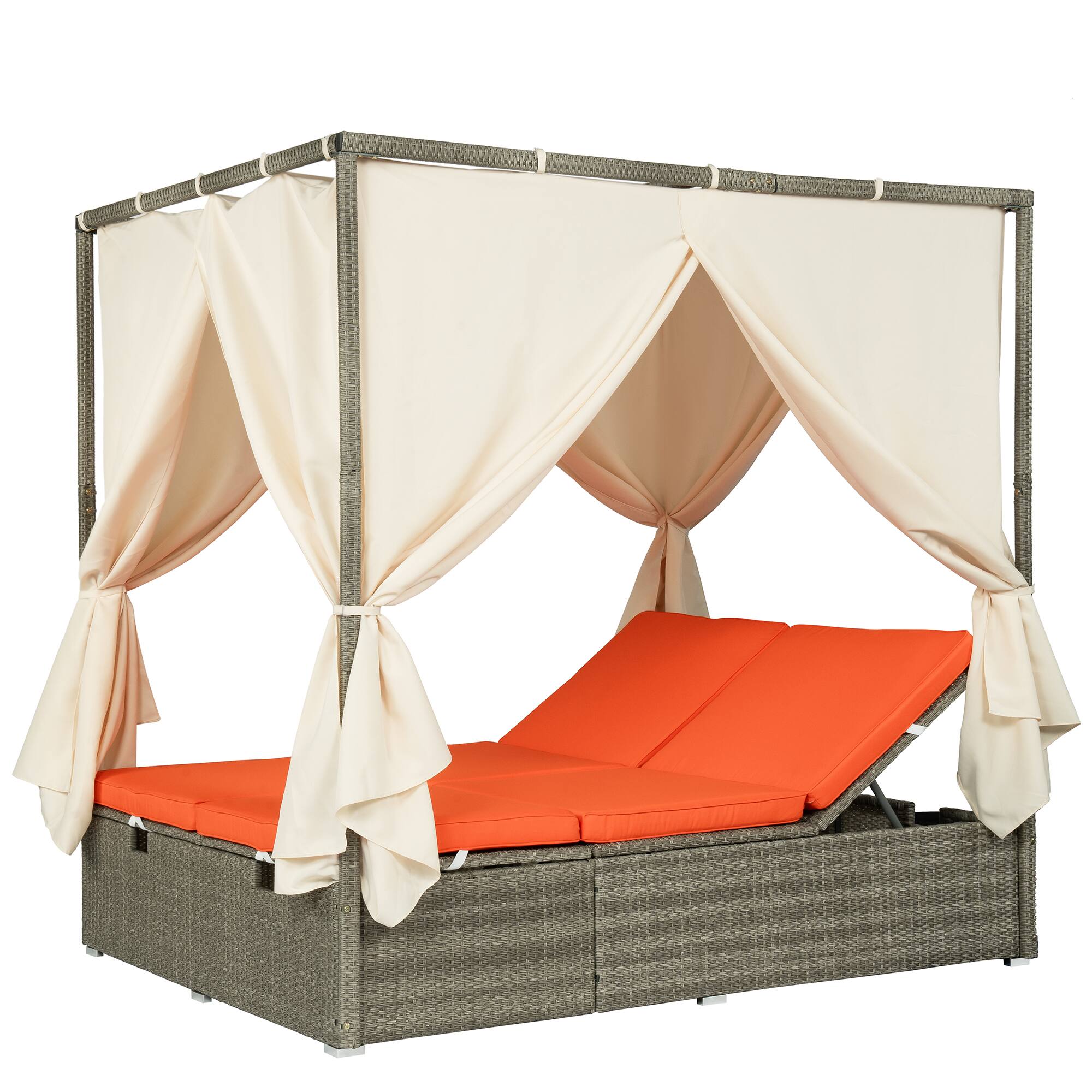 Left. Mondawe - Outdoor Adjustable Sun Lounger with Canopy, Recline and Removable Cushion - Orange.