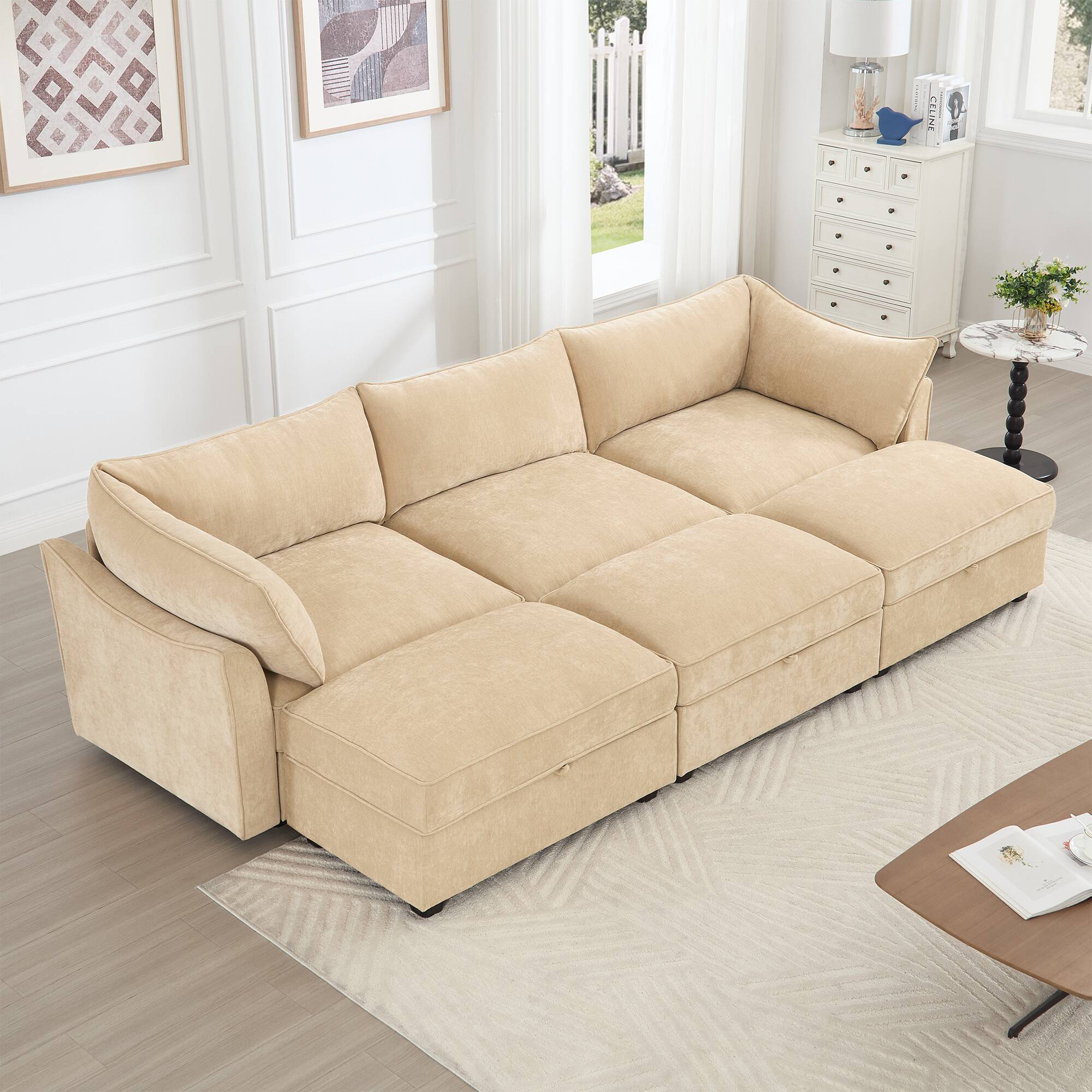 Angle. Aukfa - 3-Seater Sofa with 3 Footstools - Pull-Out Drawers Under Each Seat, Crescent Armrests, Chenille Fabric - Hazelwood.