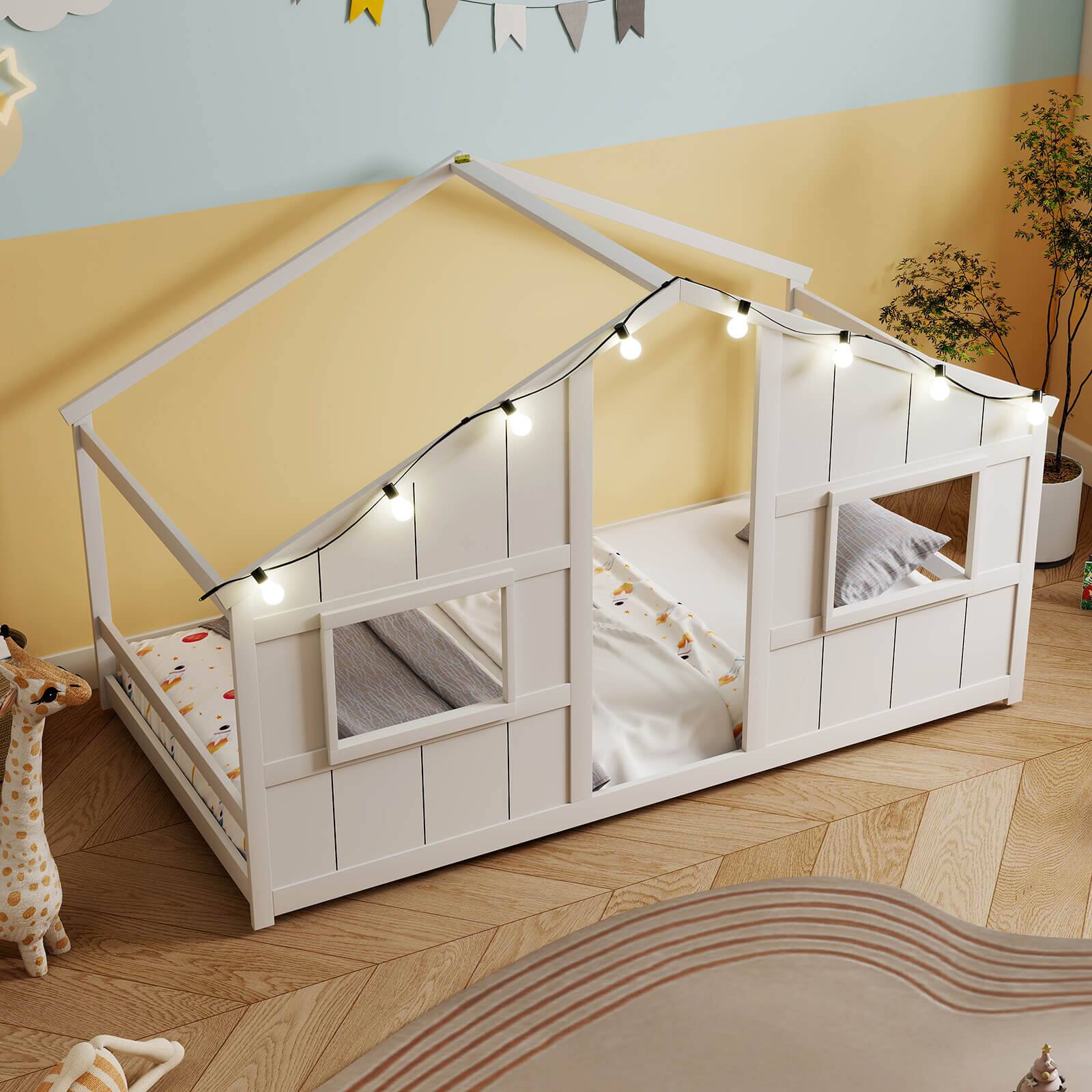 Alt View 4. Costway - Costway Twin Size House Floor Bed with LED Lights Solid Wood Bed Frame without Slats - White.