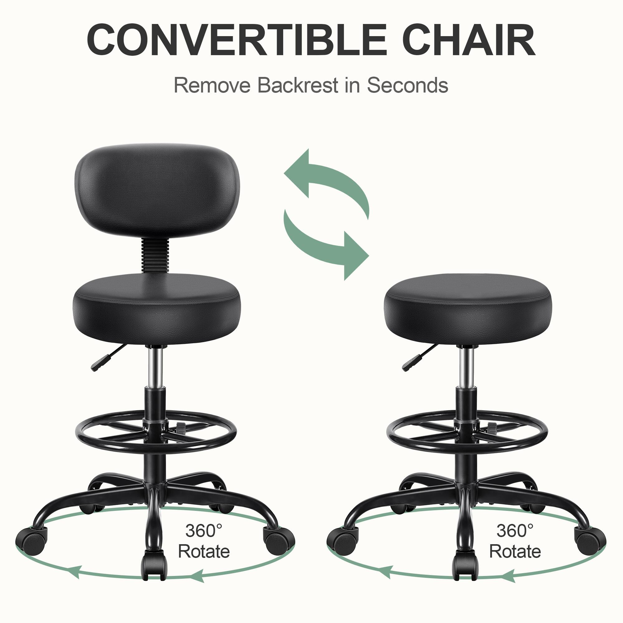 CONVERTIBLE CHAIR  
Remove Backrest in Seconds  

360° Rotate  
360° Rotate