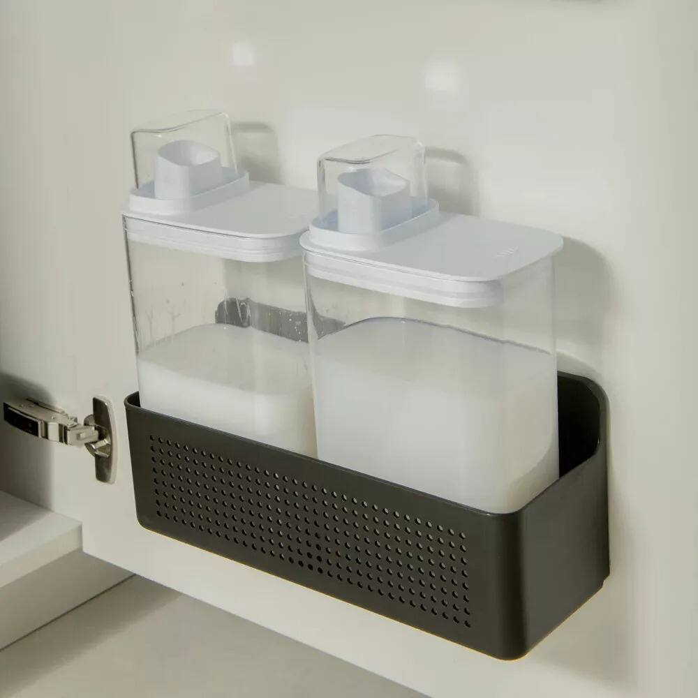 Back. OU - Laundry Detergent Dispenser & Wall Rack Set, 2‑Pack 77 oz Soap Dispensers with Measuring Cap & Hanging Storage Organizer - Black.