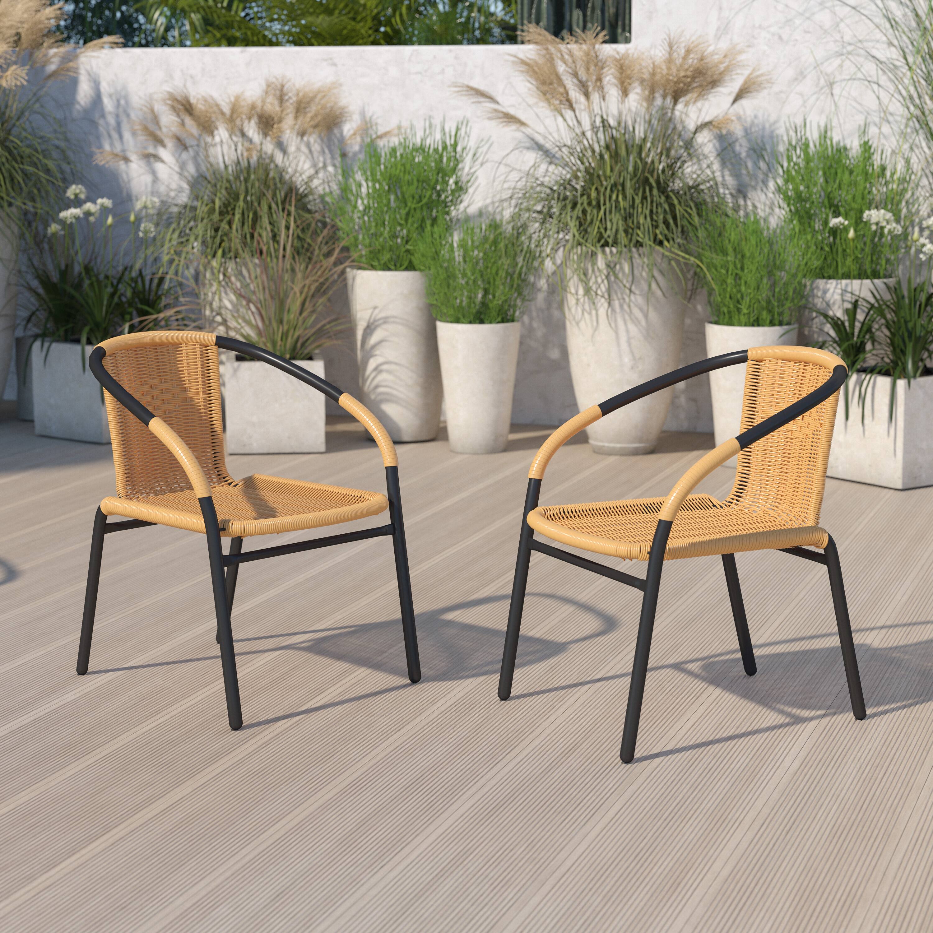 Alt View 2. Emma + Oliver - 2 Pack Rattan Indoor-Outdoor Restaurant Stack Chair with Curved Back - Beige.