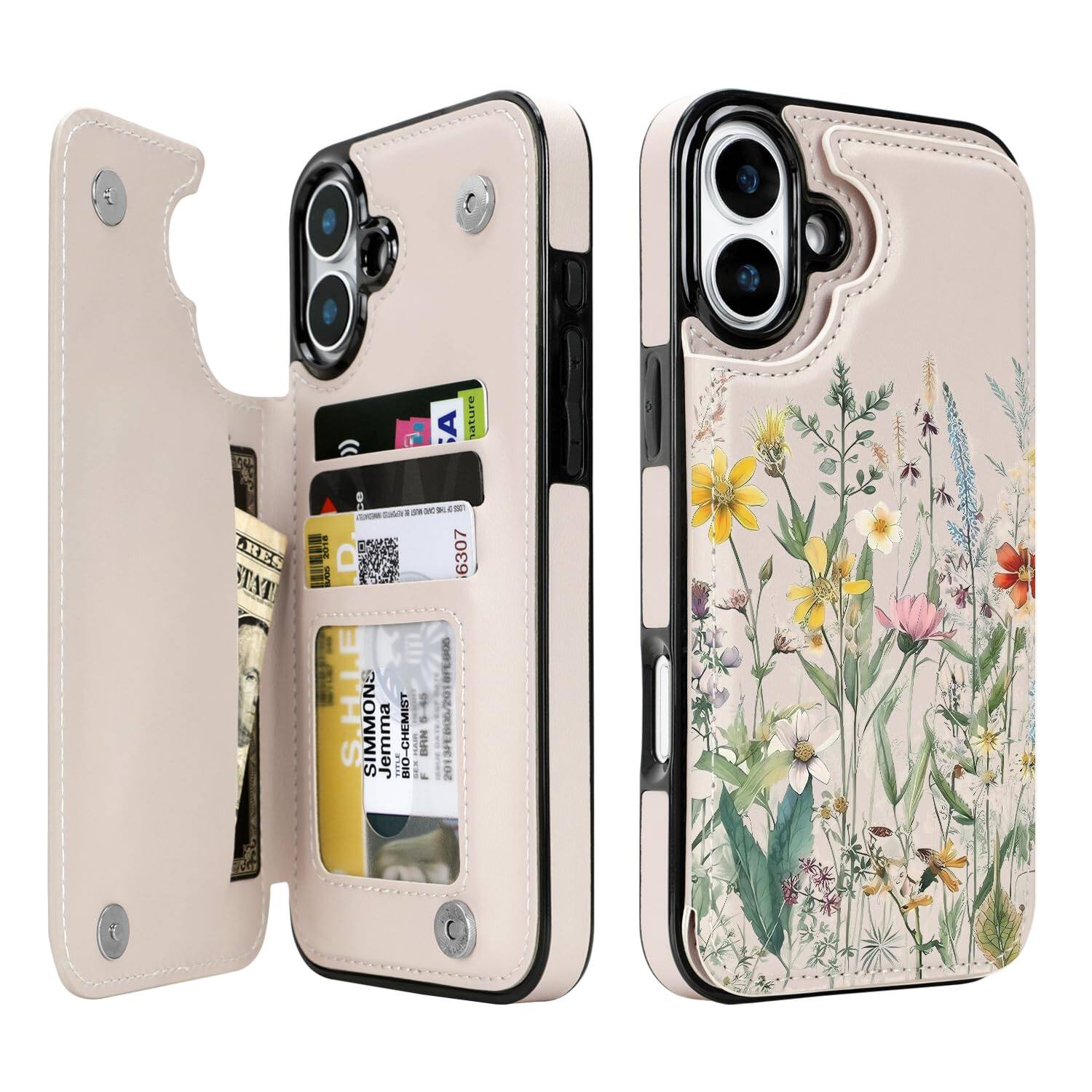 Front. Jadie Link - Pro Wallet Case Card Holder Leather Rfid Blocking Design Flip Women Men Magnetic Clasp Kickstand 6.3 Inch desert Flowers - Desert Flowers-iPhone 16 Pro Max.