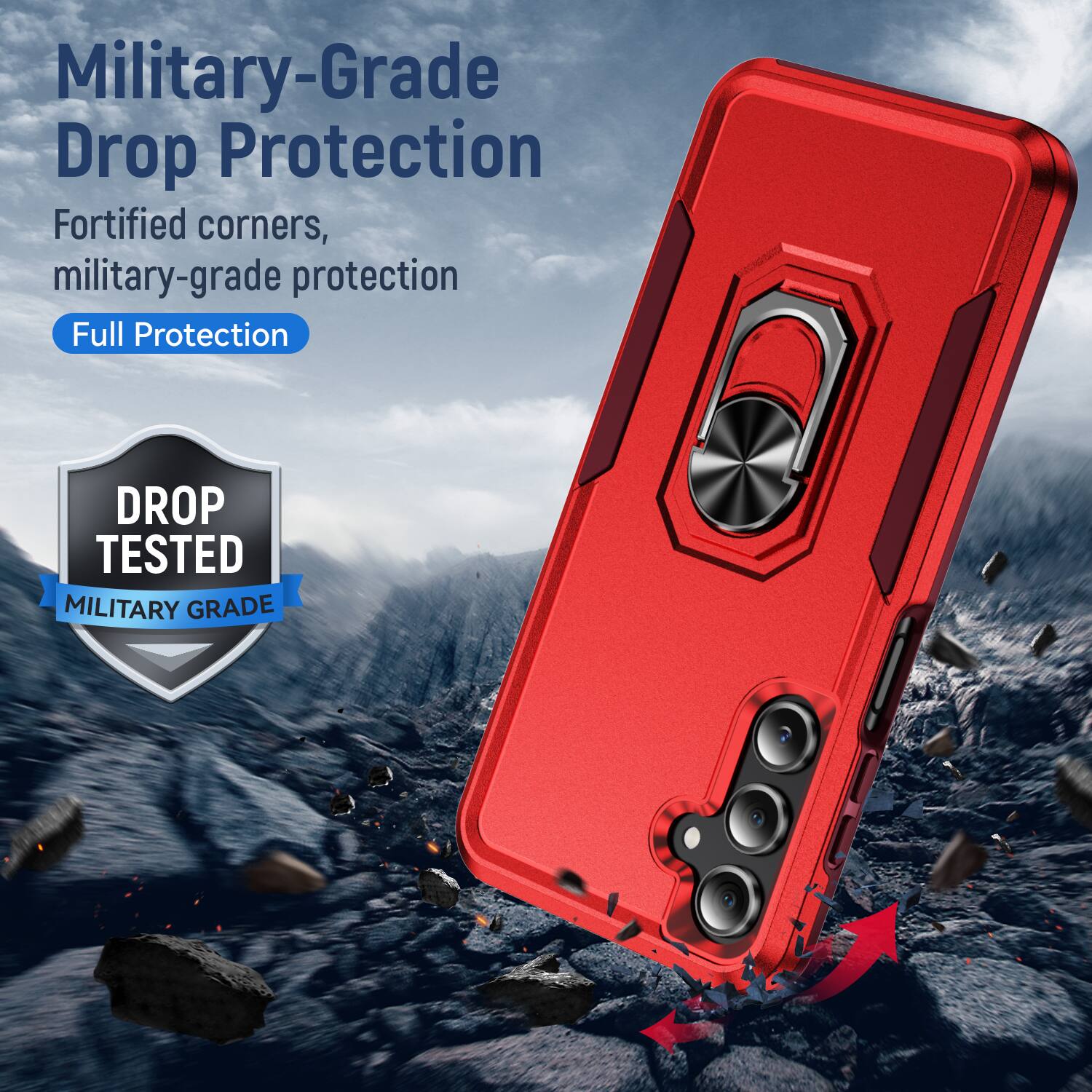 Military-Grade Drop Protection  
Fortified corners, military-grade protection  
Full Protection  

DROP TESTED  
MILITARY GRADE