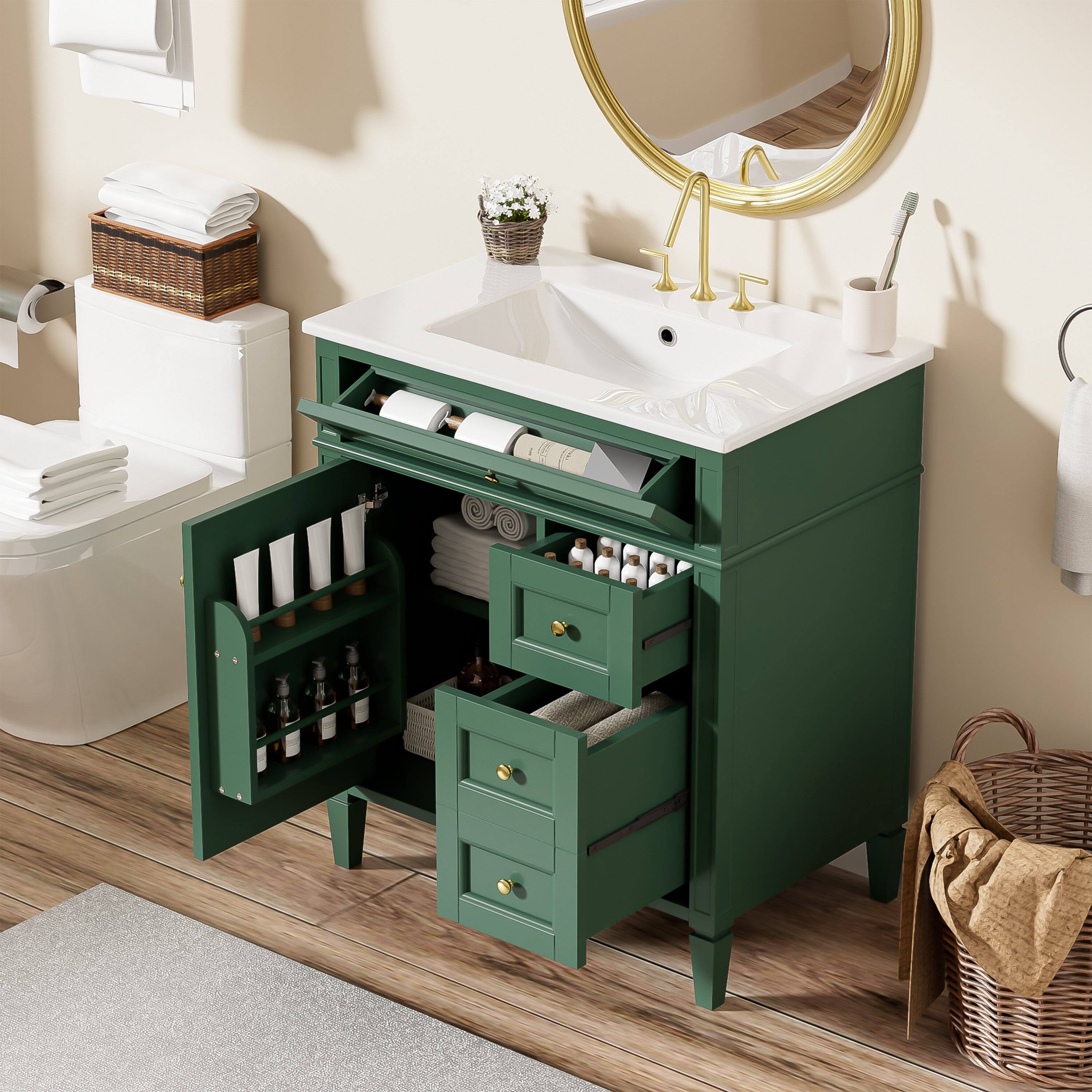 Alt View 5. Boyel Living - 30 Inch Green Bathroom Vanity with Sink Two Drawers Tip Out Drawer One Door - Green.