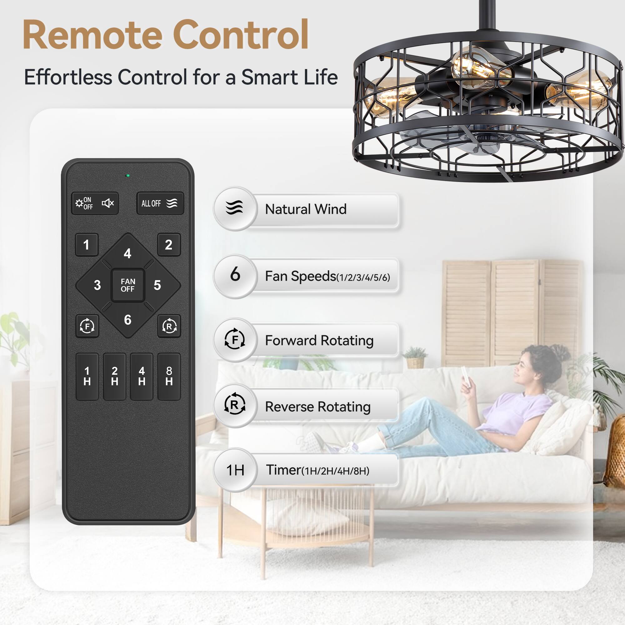 Remote Control Effortless Control for a Smart Life
ON OFF ALLOFF
Natural Wind
1 3 4 FAN OFF
2 5 6 Fan Speeds(1/2/3/4/5/6)
F 6 R F Forward Rotating
1 H 2 H 4 H 8 H R Reverse Rotating
1H Timer(1H/2H/4H/8H)