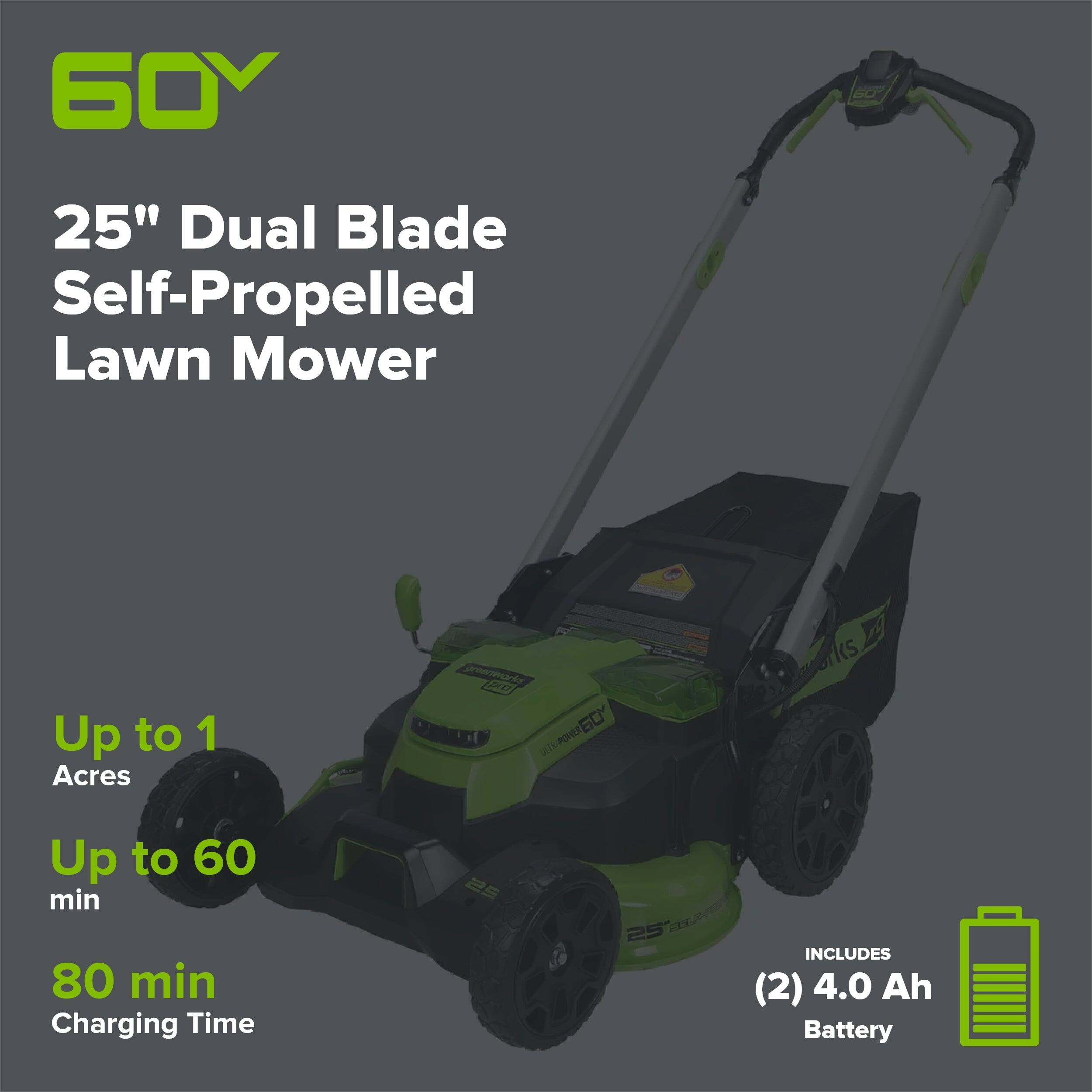 60V 25" Dual Blade Self-Propelled Lawn Mower  
Up to 1 Acres  
Up to 60 min  
80 min Charging Time  
INCLUDES (2) 4.0 Ah Battery