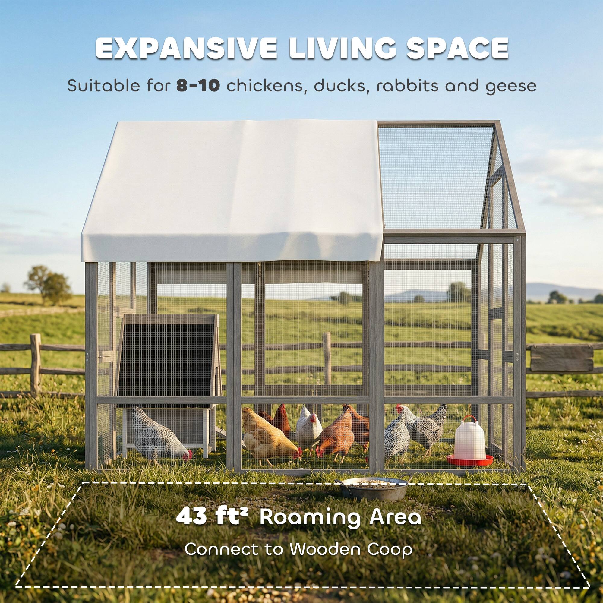 EXPANSIVE LIVING SPACE  
Suitable for 8-10 chickens, ducks, rabbits and geese  

43 ft² Roaming Area  
Connect to Wooden Coop