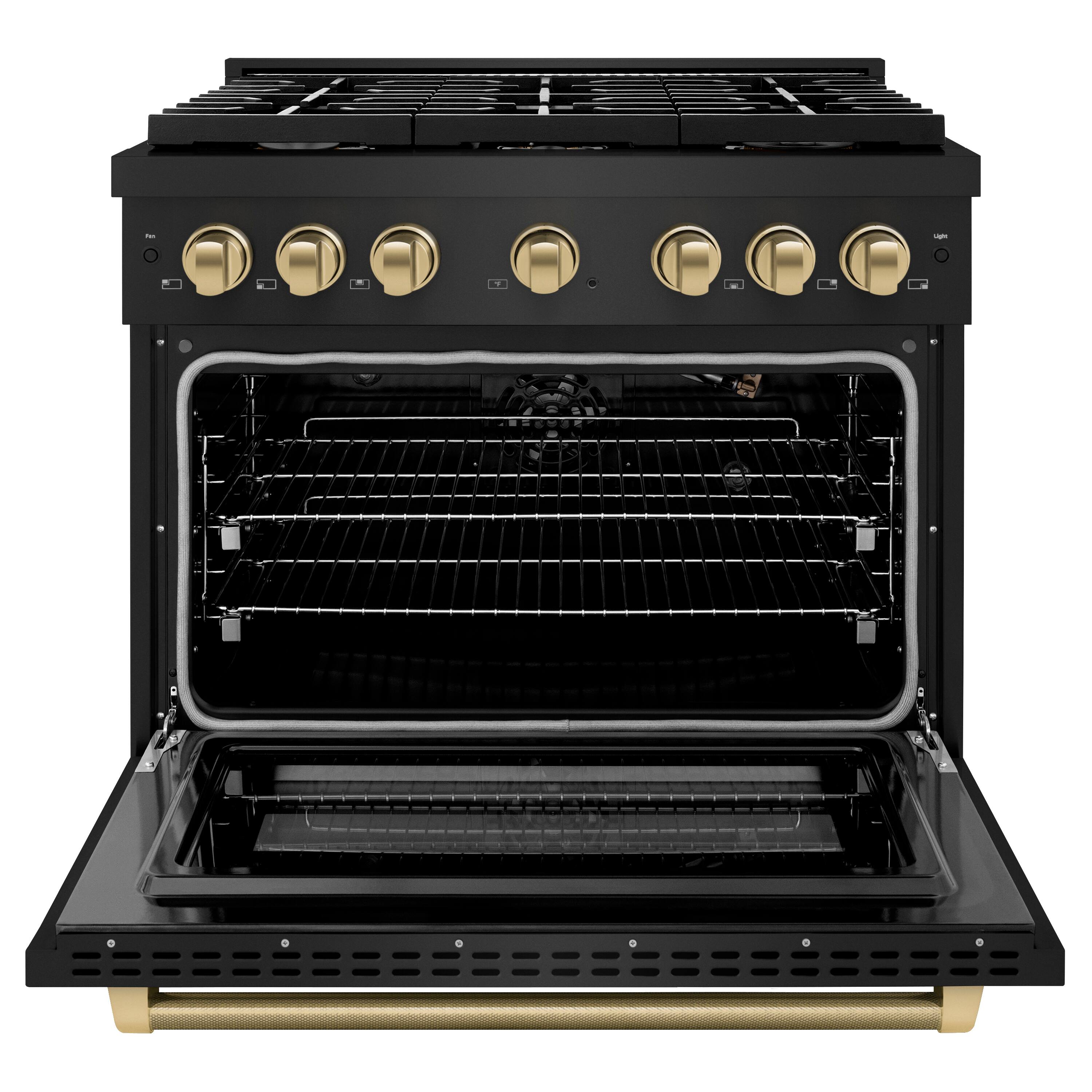 Angle. ZLINE - ZLINE Autograph 36 in. 5.2 Cu. Ft. Freestanding Paramount Gas Range in Black Stainless Steel with Bronze Helix Handle - Black Stainless Steel.