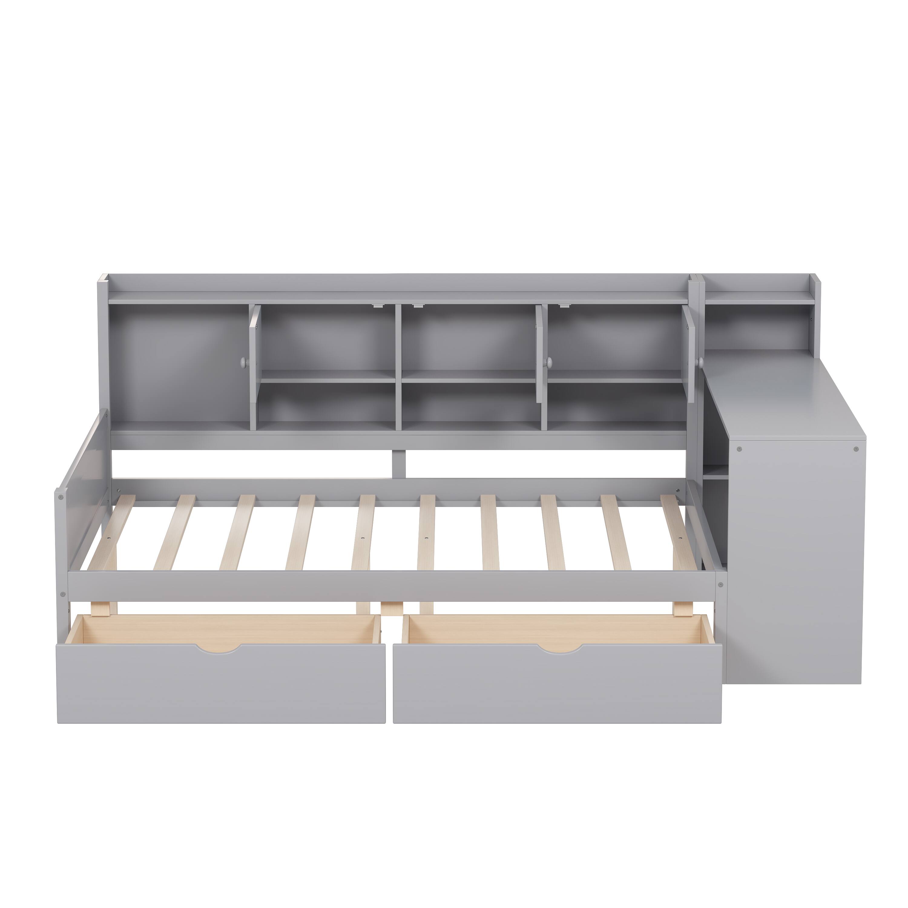 Alt View 5. Tiramisubest - Full Size Daybed with Cabinets and 2 Drawers,Multi-functional Daybed Frame with Study Desk and Built-in Bookshelf,Gray - Gray.