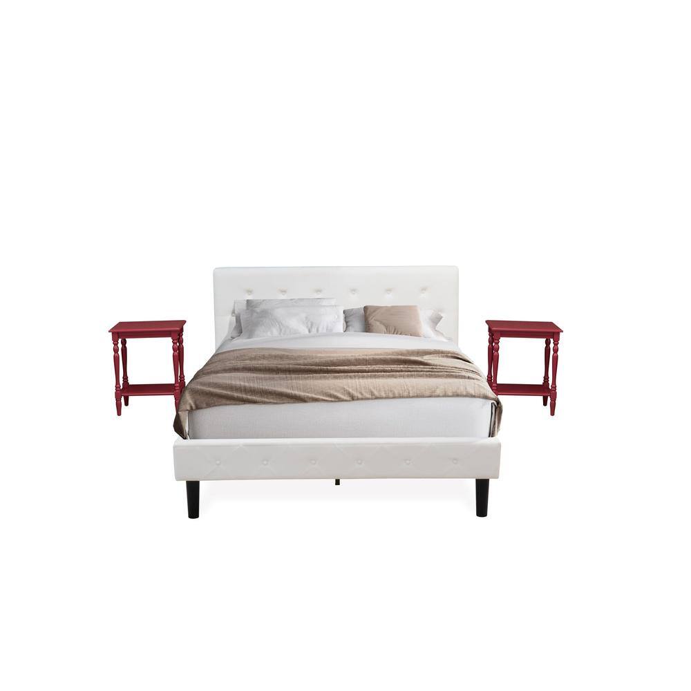 Angle. East West Furniture - NL19Q-2BF13 3 Piece Bedroom Set - 1 Platform Bed White Velvet Fabric Headboard and 2 Night Stands - Burgundy Finish - White Velvet.