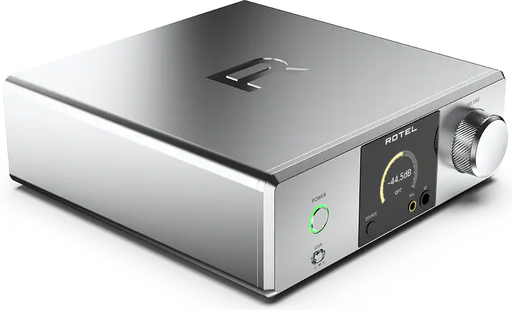 The text on the image reads "NO UNE ROTEL POWER -44.5dB OPT BAL SOURCE GAIN LMA." This text is likely related to the electronic device, possibly indicating its power source, gain, or other technical specifications.