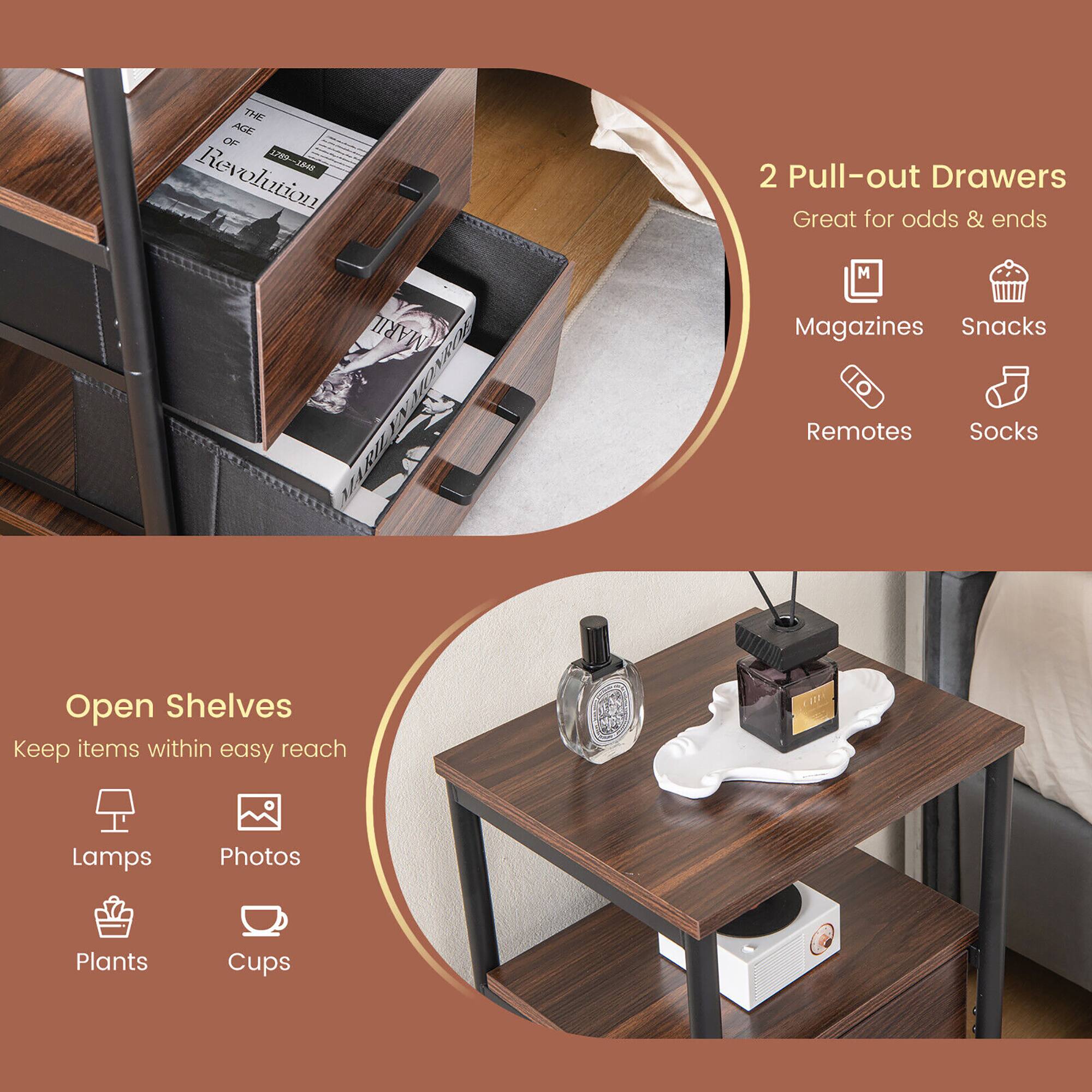 The text on the image can be grouped and corrected as follows:

**2 Pull-out Drawers**
- Great for odds & ends
  - Magazines
  - Snacks
  - Remotes
  - Socks

**Open Shelves**
- Keep items within easy reach
  - Lamps
  - Photos
  - Plants
  - Cups