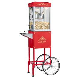 HTUTWOO - Popcorn Machine with Cart - 8oz Stainless Steel Kettle 800W Maker, 2-Button Control Glass Wall PC Door, 1 Scoop 3 Spoons - Red