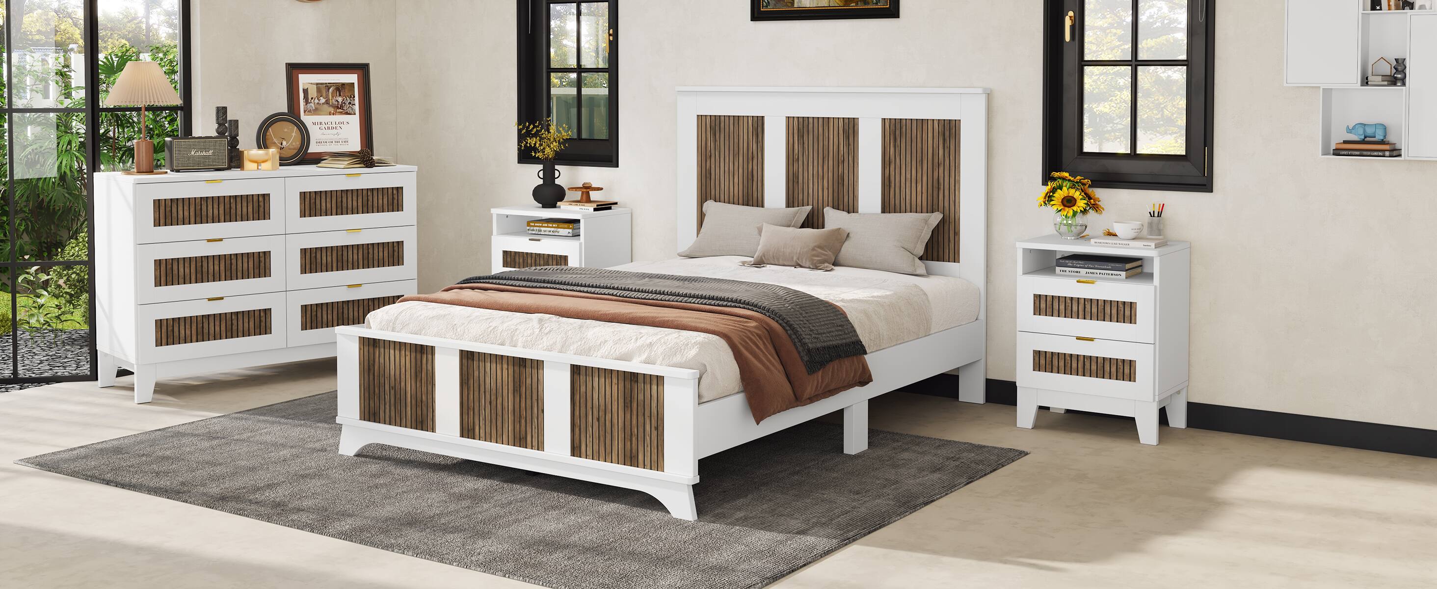 Alt View 7. Tiramisubest - Farmhouse Wooden Platform Full Size Bed, Modern Platform Bed with Wooden Strip Decoration, Plywood Slats Support, White - White.