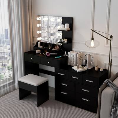 black dresser desk Dresser for Bedroom, Modern Desk with 2 Drawers, 1 Cabinet and 2 Shelves, Multifunctional Cabinets with Large Storage for Bedroom Living Room, Easy Assembly, Unique T-shaped Design, Black