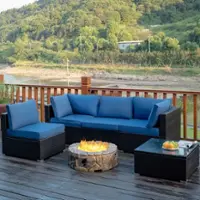 Costway 5PCS Patio Rattan Furniture Set Cushioned Sofa Chair Coffee Table - Navy - Front_Zoom