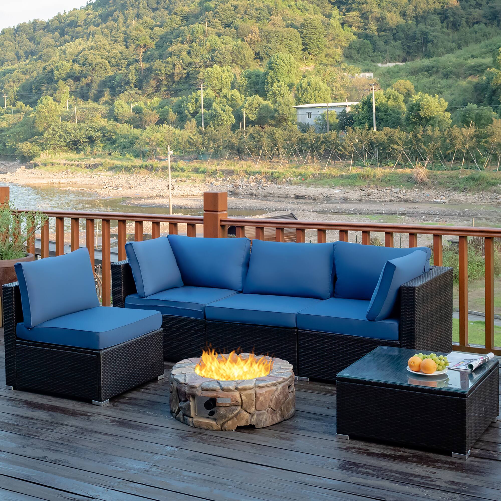 Alt View 1. Costway - 5PCS Patio Rattan Furniture Set Cushioned Sofa Chair Coffee Table - Navy.