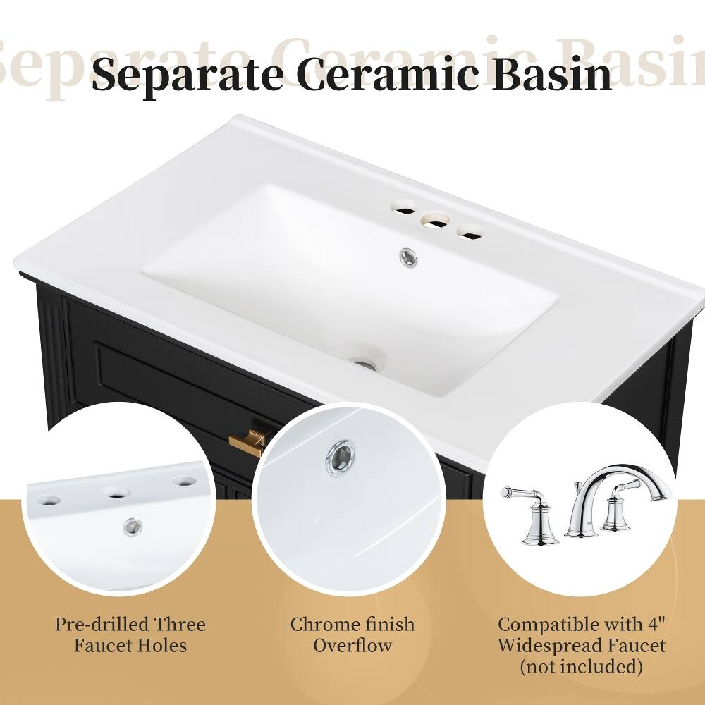 Separate Ceramic Basin

Pre-drilled Three Faucet Holes

Chrome finish Overflow

Compatible with 4" Widespread Faucet (not included)