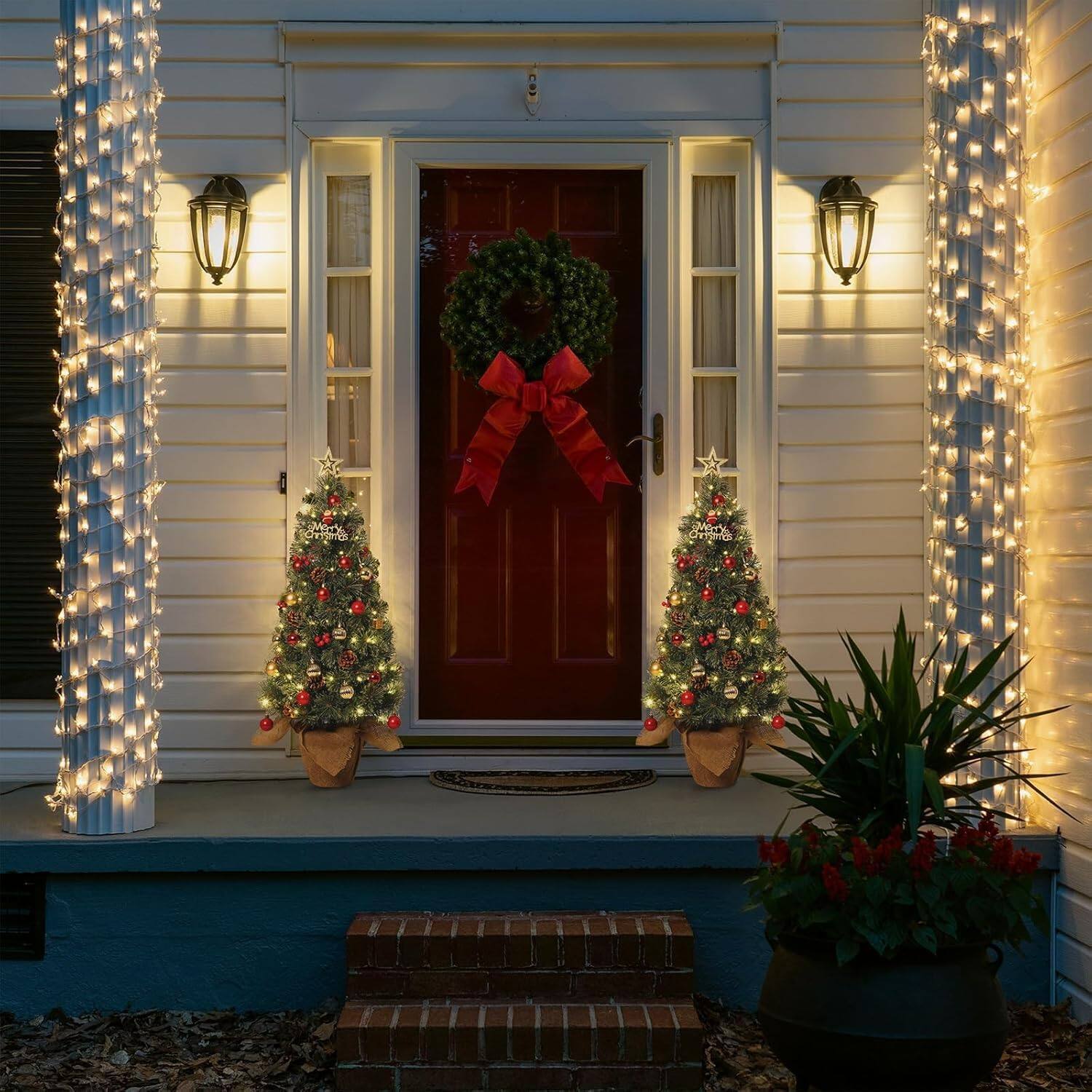 Left. Acekool - 3ft Mini Pre-Lit Christmas Tree, Artificial Tabletop Snow Flocked Christmas Trees, Small Potted Tree with 78 LED Lights - Green.