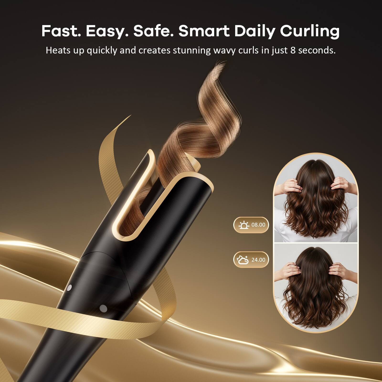 Fast. Easy. Safe. Smart Daily Curling

Heats up quickly and creates stunning wavy curls in just 8 seconds.

08.00

24.00