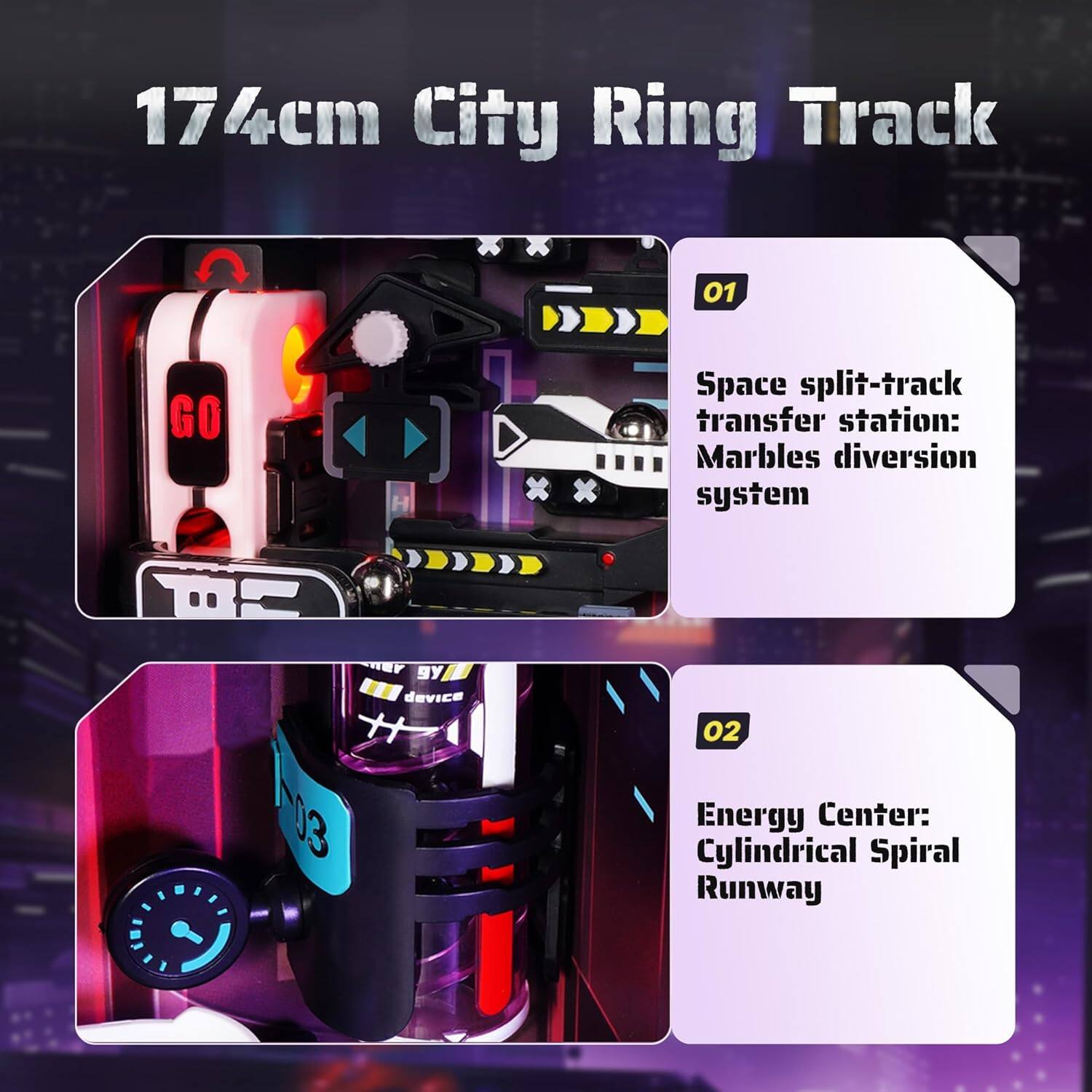 174cm City Ring Track

01 Space split-track transfer station: Marbles diversion system

02 Energy Center: Cylindrical Spiral Runway