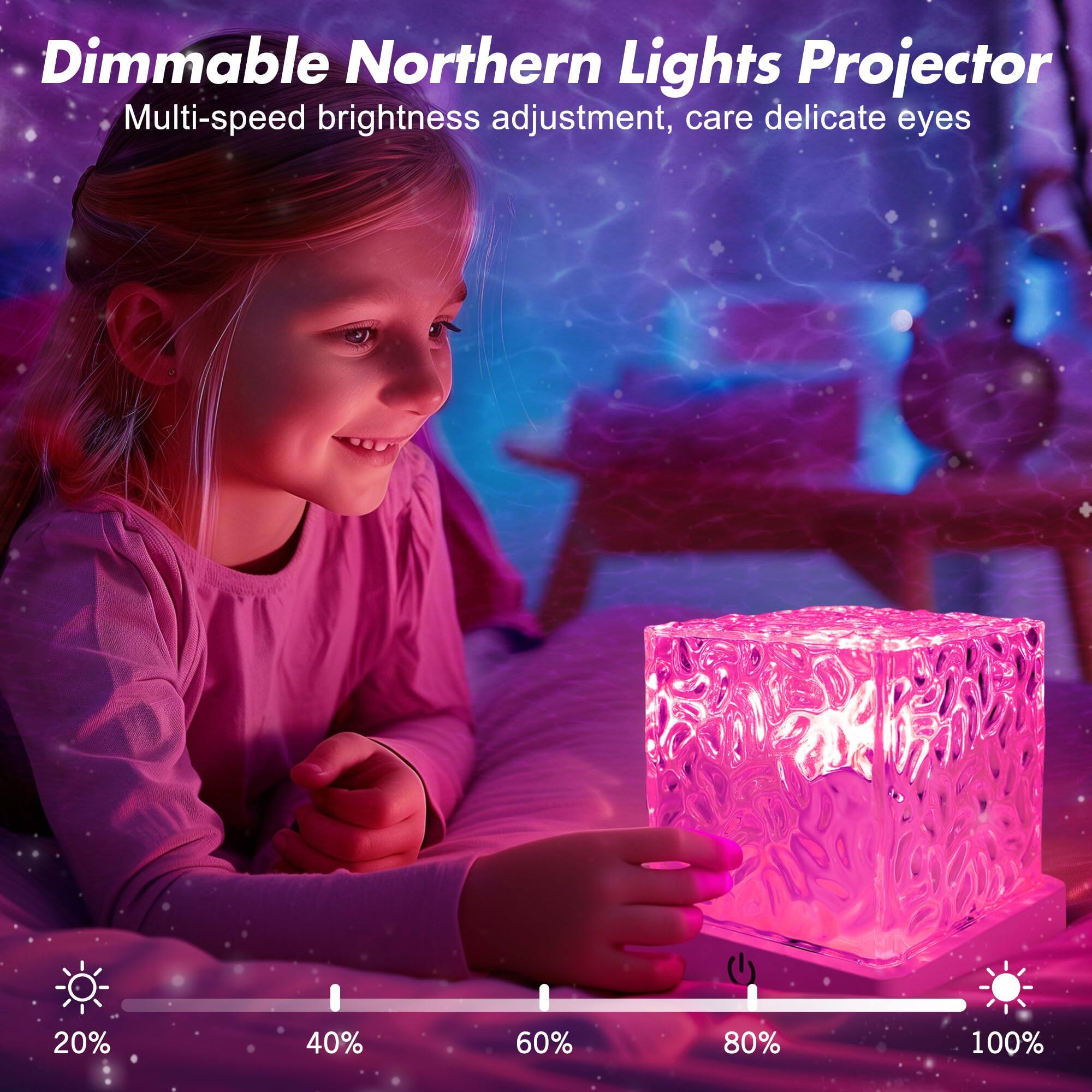 Dimmable Northern Lights Projector  
Multi-speed brightness adjustment, care delicate eyes  

20% 40% 60% 80% 100%