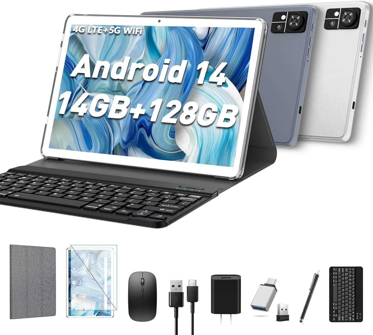 Kimlok - Android Tablet 10.1 inch 2025 Latest Tablet with Keyboard 14GB RAM+128GB ROM+1TBExpand, Octa-Core, Incell HD Screen - Silver