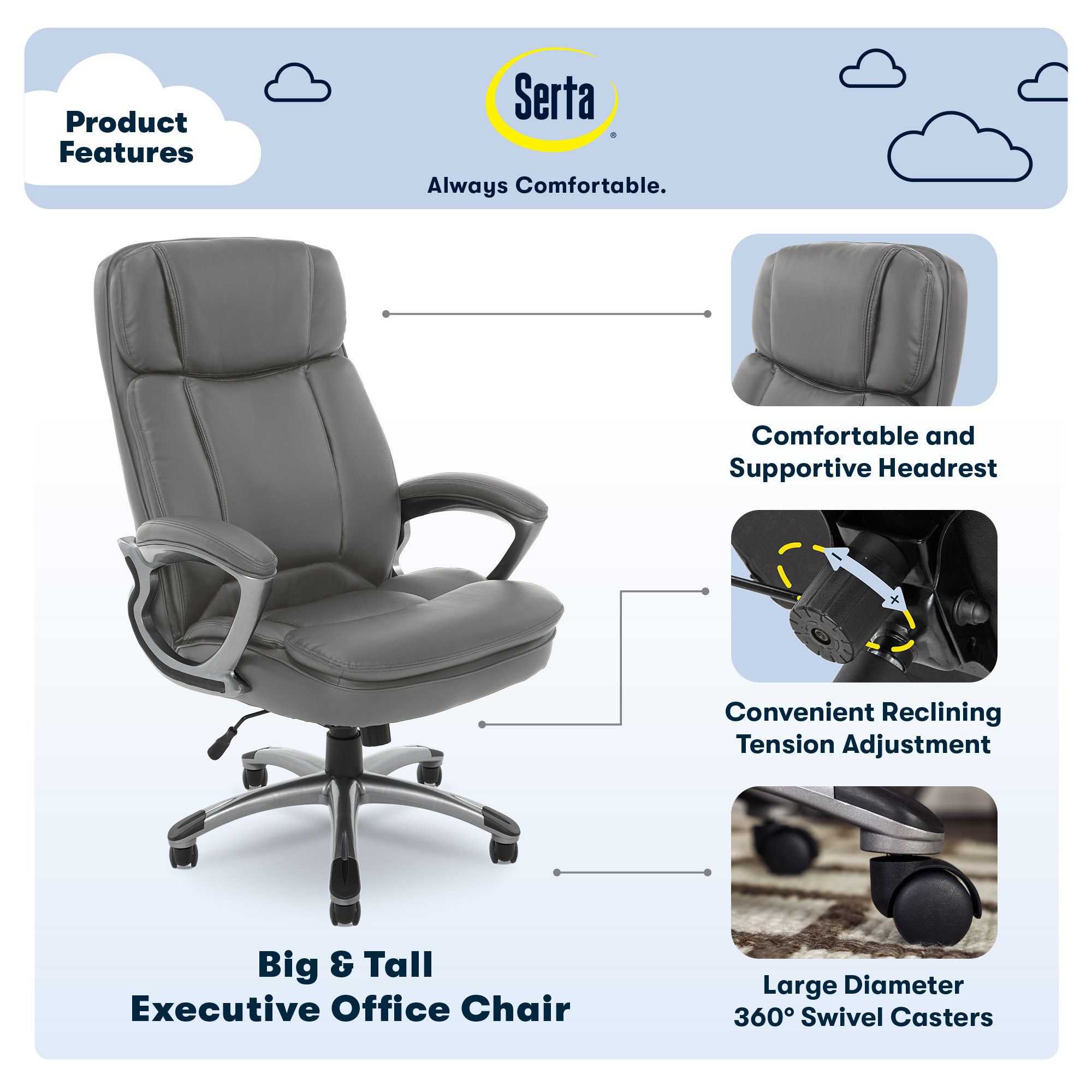 Angle View: Serta - Fairbanks Bonded Leather Big and Tall Executive Office Chair - Gray