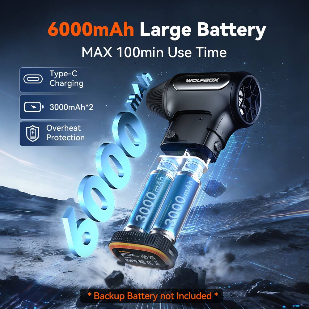 6000mAh Large Battery  
MAX 100min Use Time  
Type-C Charging  
3000mAh*2  
Overheat Protection  
6000mAh  
Backup Battery not Included*  
RoHS  
CE