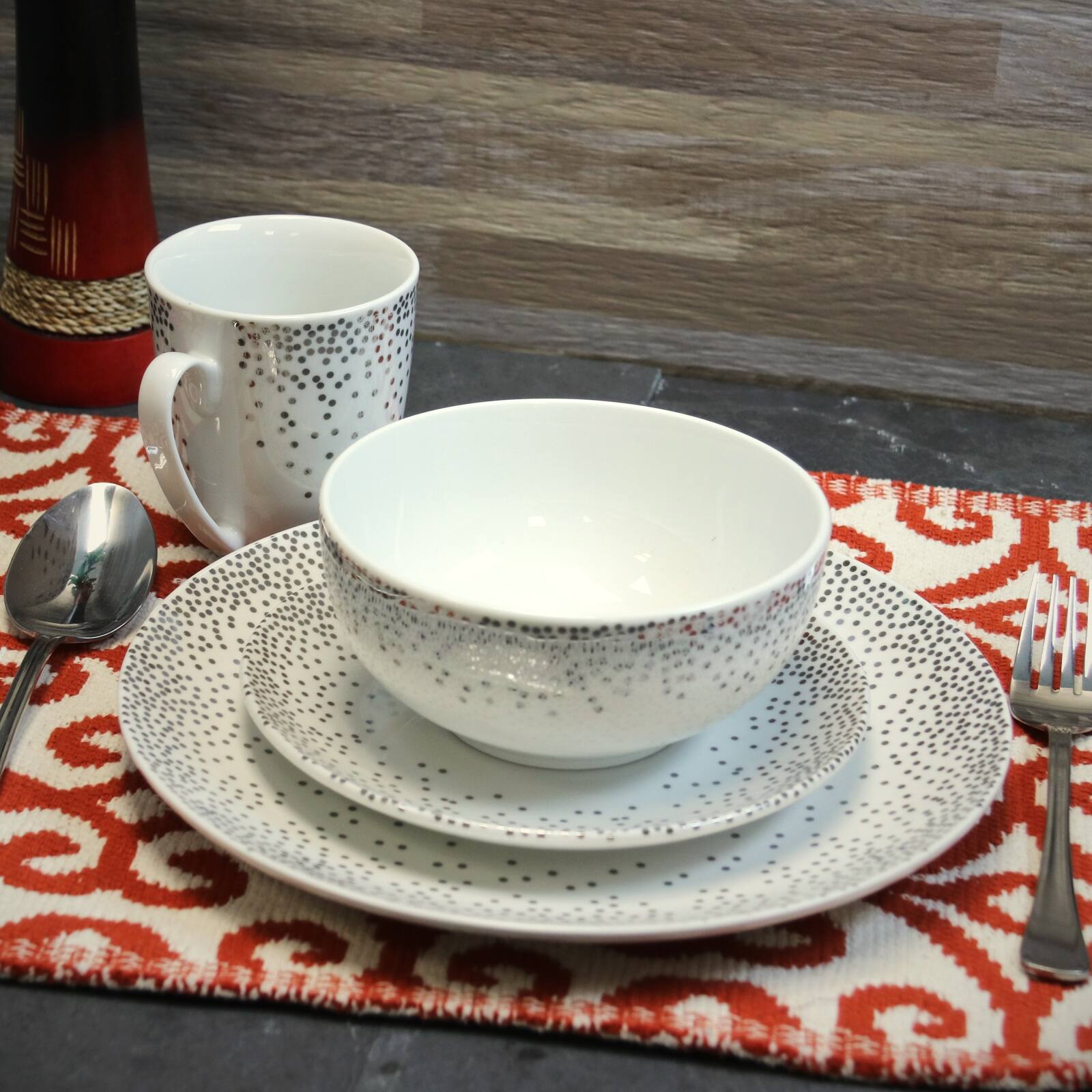 Alt View 3. Gibson - Gibson Platinum Dots 16 Piece Round Ceramic Dinnerware Set - Gray.